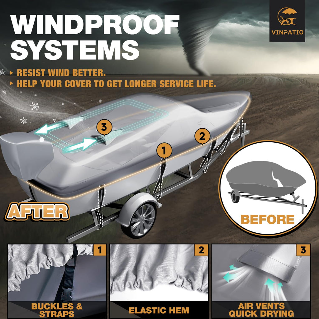 Vinpatio Boat Cover With Motor Cover, 20-22 Ft Heavy Duty 100% Waterproof Boat Covers Marine Grade Bass Boat Cover Fits V-Hull R
