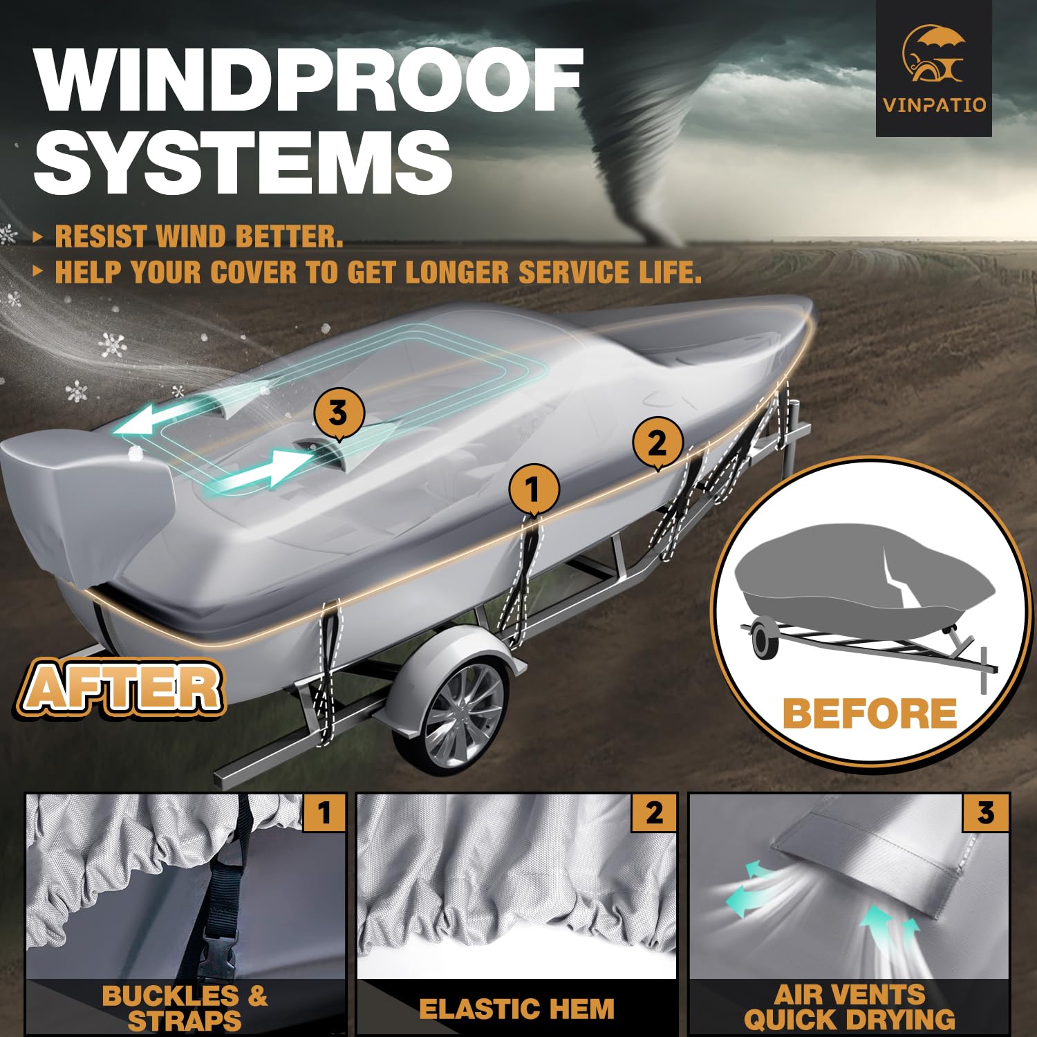 Vinpatio Boat Cover With Motor Cover, 20-22 Ft Heavy Duty 100% Waterproof Boat Covers Marine Grade Bass Boat Cover Fits V-Hull R