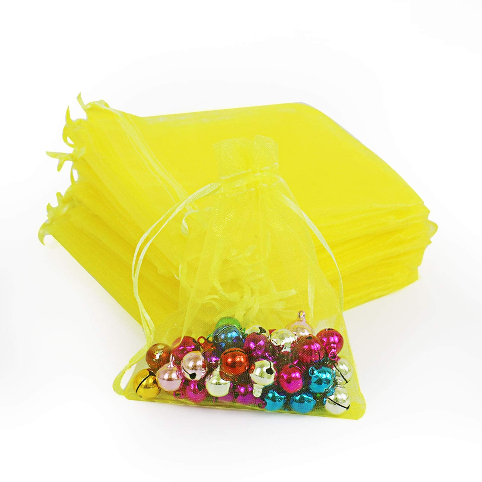Lautechco 100Pcs Organza Bags 5X7 Inches Yellow Organza Gift Bags Small Mesh Bags Drawstring Gift Bags Christmas Drawstring Orga