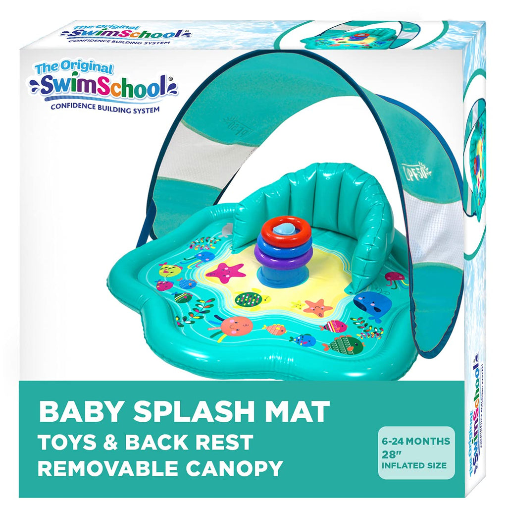Swimschool Baby Splash Play Mat With Adjustable Canopy - Inflatable Play Pool For Babies & Infants With Backrest - Includes Baby