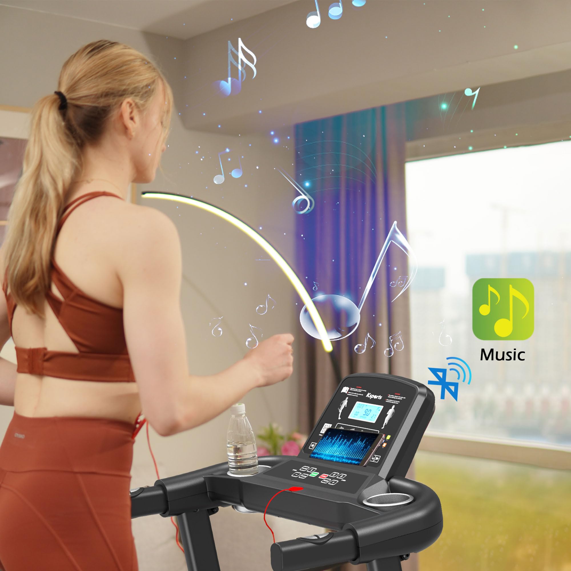 Ksports Foldable 16 Inch Wide Home Treadmill W/Bluetooth Connectivity, Kinomap, Zwift & Fitshow Fitness Tracking Apps, Music, 4