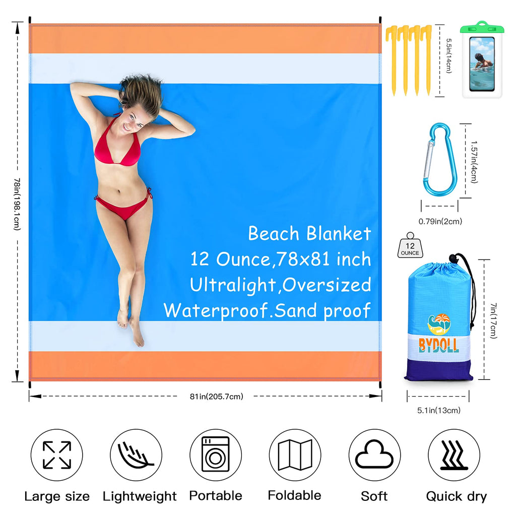 Bydoll Beach Blanket 78''  81'' 4-7 Adults Oversized Lightweight Waterproof Sandproof Beach Blanket Large Picnic Mat For Travel