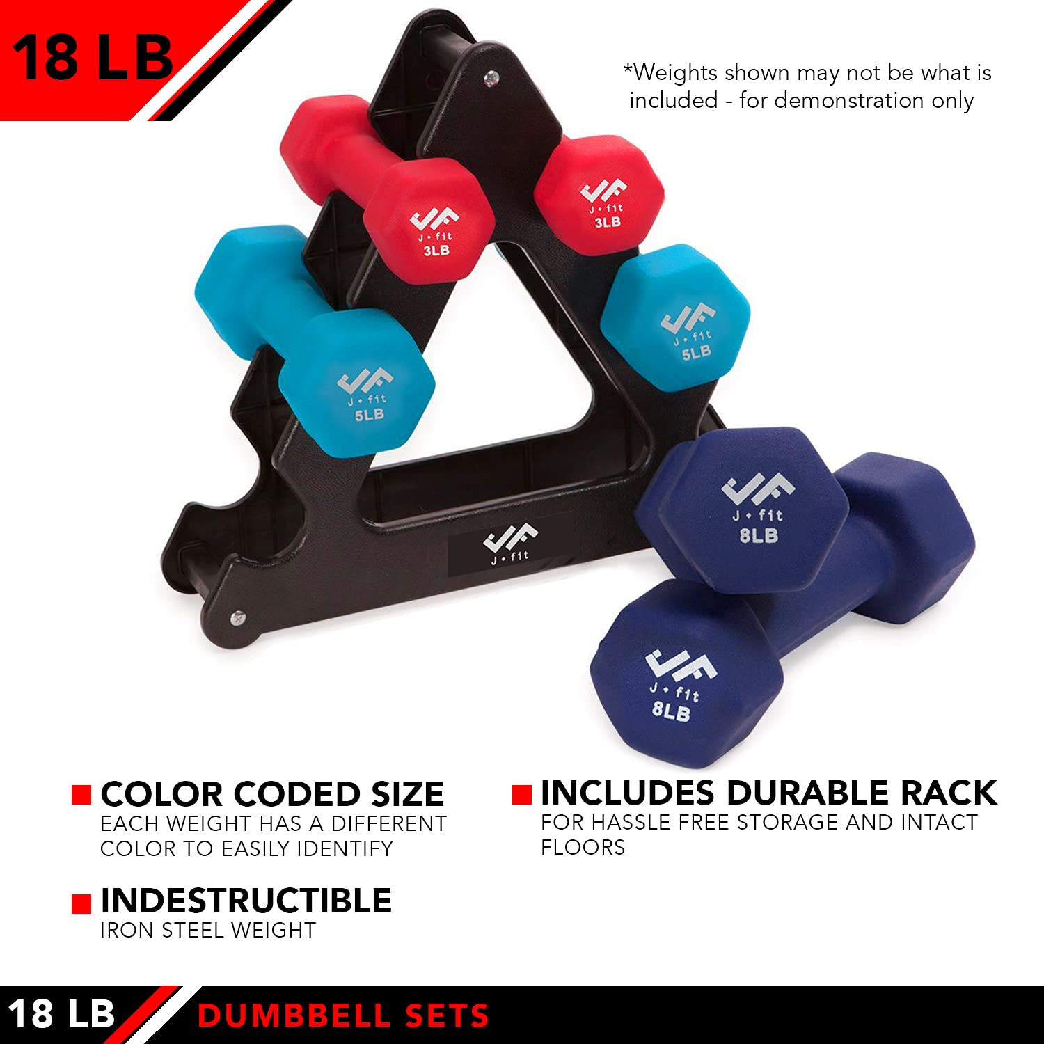 Jfit Dumbbell Set W/Durable Rack, Double Neoprene Coated Workout Weights, Solid Design Rack, 18 Lb Set