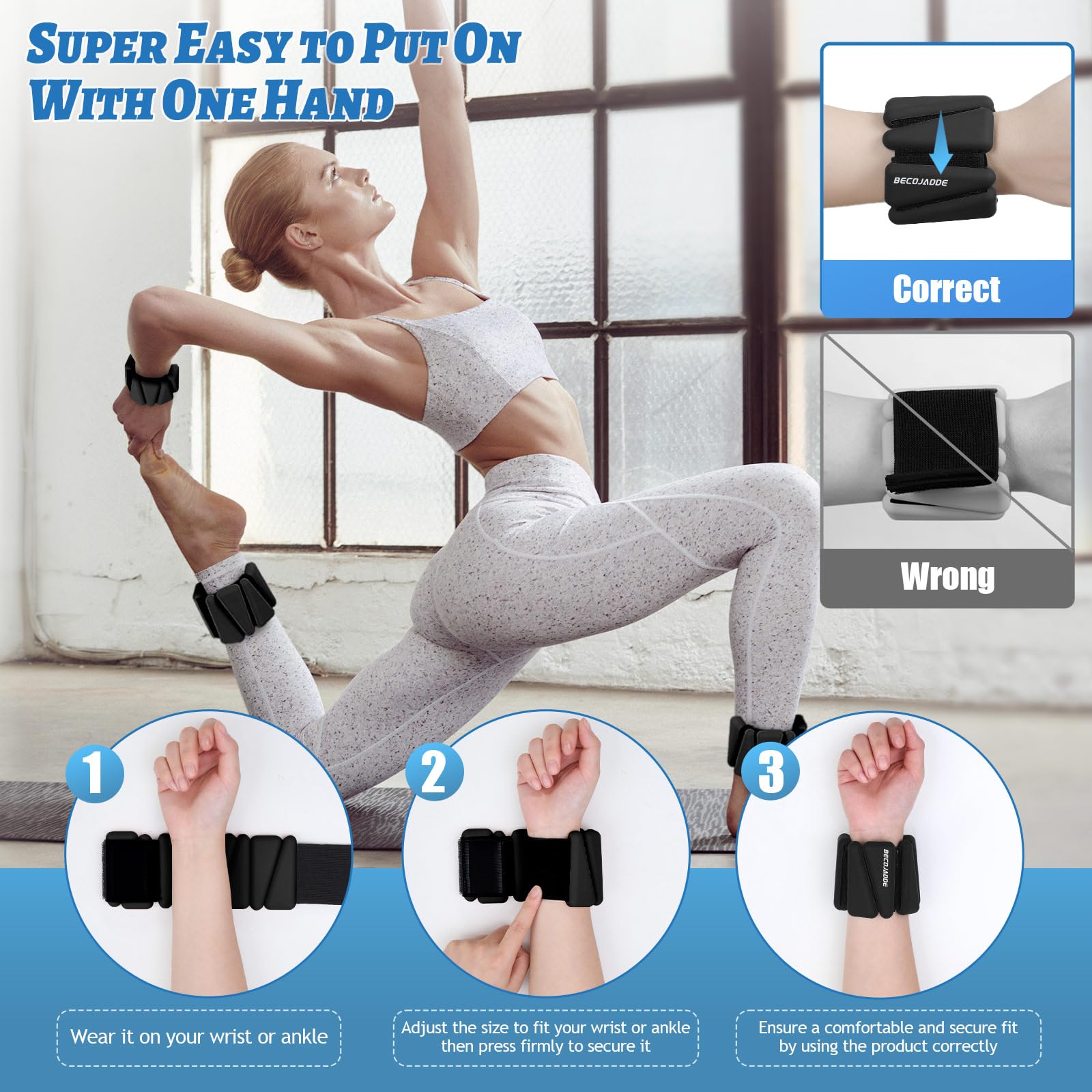 BECOJADDE Ankle Weights Set of 2 (1 lb Each) Adjustable Wrist Weights for Women Men Wearable Arm Leg Weight for Pilates, Running