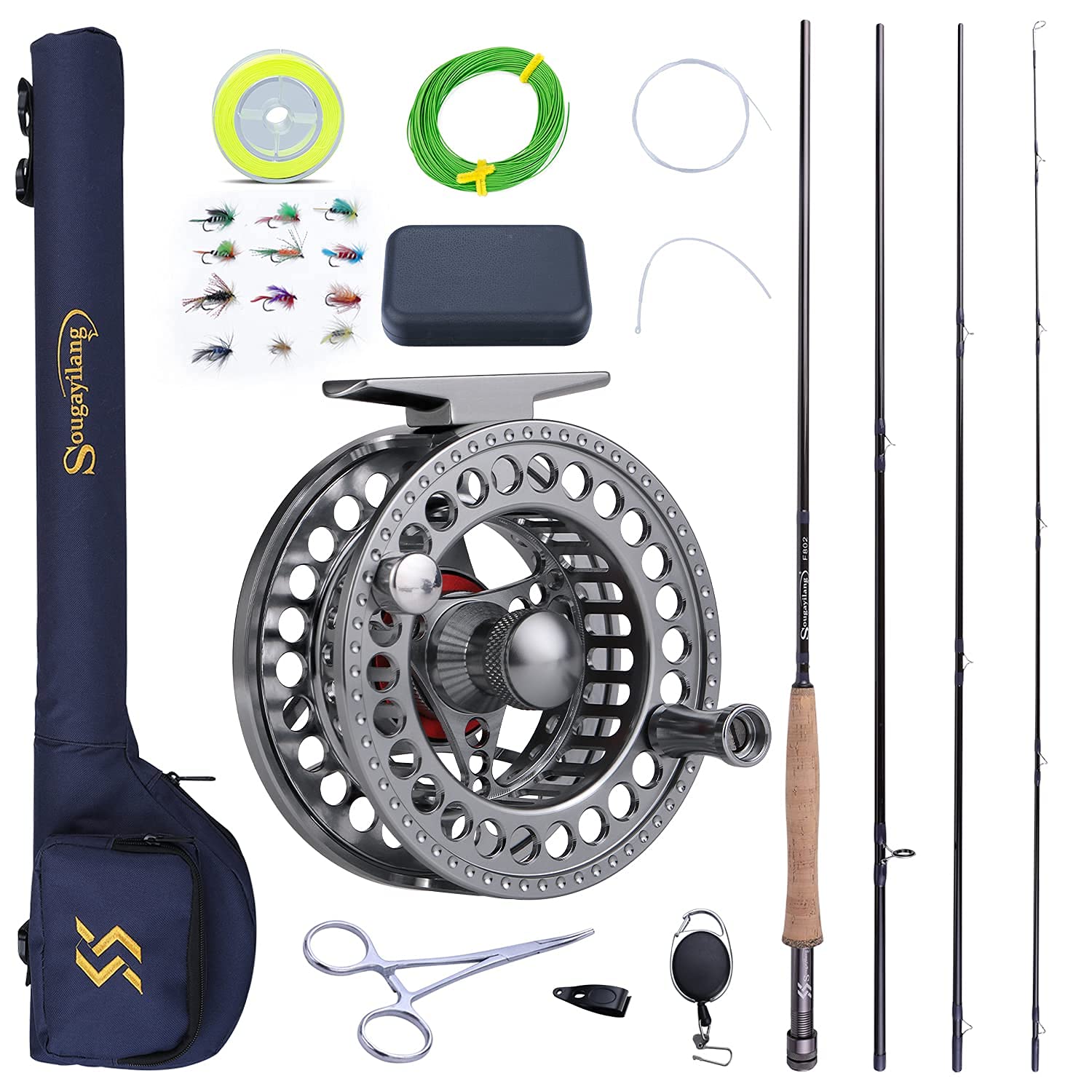 Sougayilang Fly Fishing Rod and Reel Combo, 4 Pieces Ultra Lightweight Portable Fly Rod and CNC Machined Aluminum Alloy Reel Com
