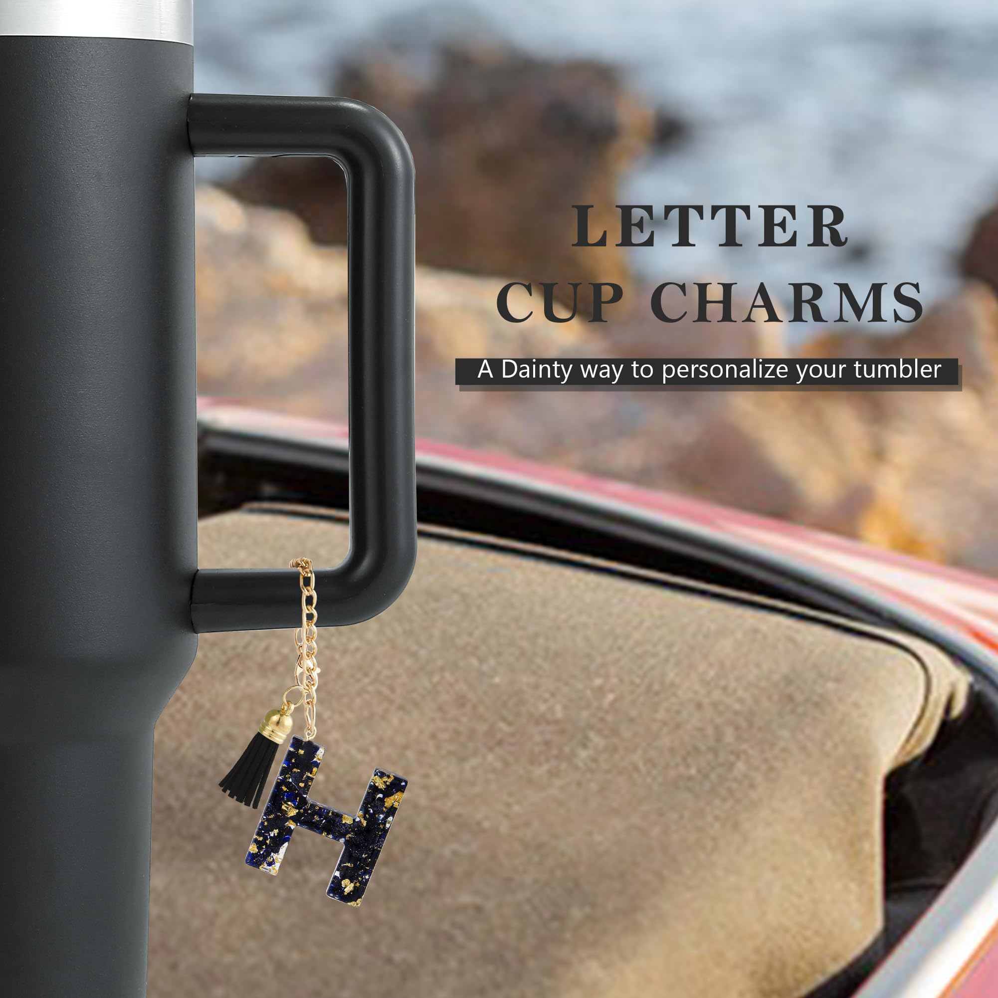 Letter Charm Accessories for Stanley Cup 1 PCS Cute Initial Keychain Handle Charm for Stanley Tumbler for Women Black Letter H