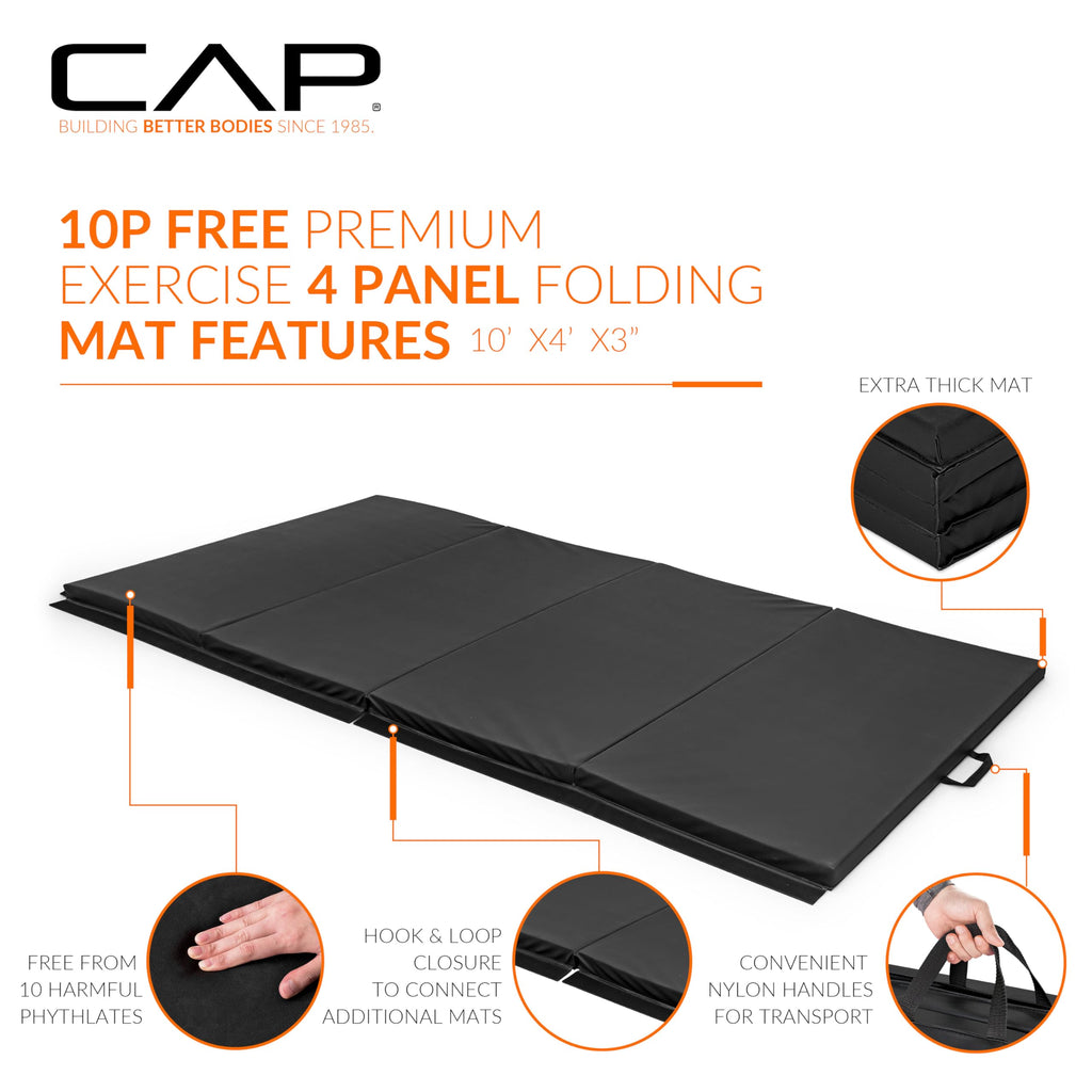 Cap Barbell Folding Exercise Mat - Durable, Anti-Tear, Thick Padding For Fitness, Aerobics, Gymnastics & Home Workouts. 10' X 4'