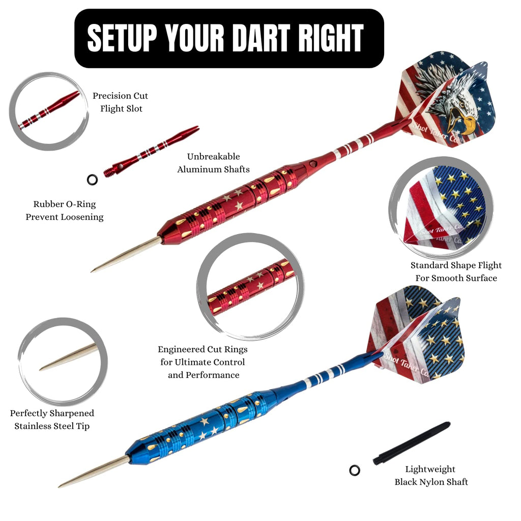 Steel Tip Darts Set - Professional Darts Steel Tip For Dartboard - Includes Brass Barrels + Plastic & Aluminum Shafts + Rubber O
