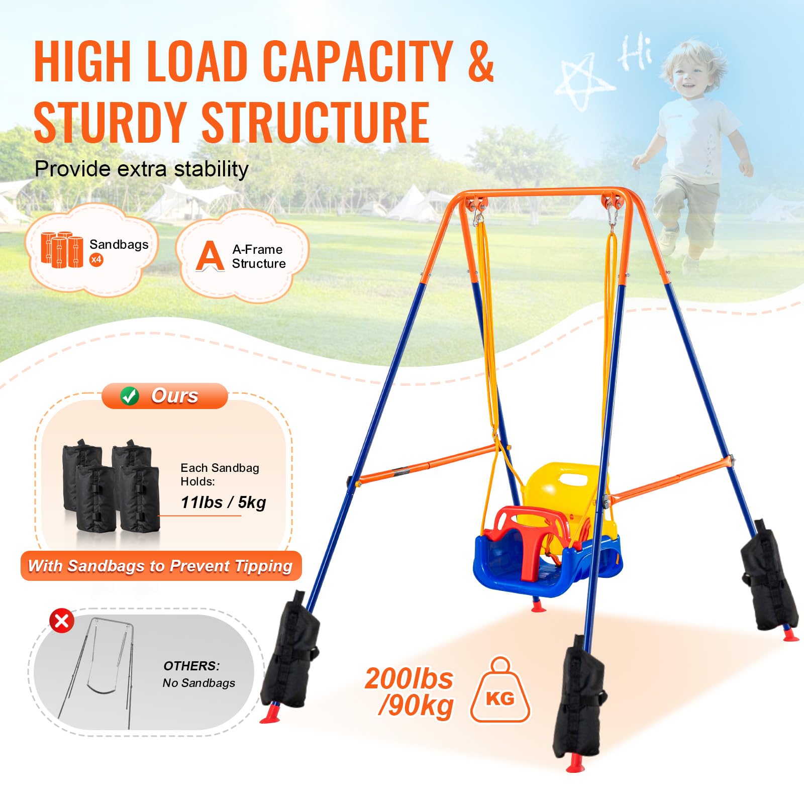Vevor Swing Sets For Backyard, 3-In-1 Toddler Swing Set With 4 Sandbags, Easy To Assemble, Foldable Metal Stand, Swingset Indoor