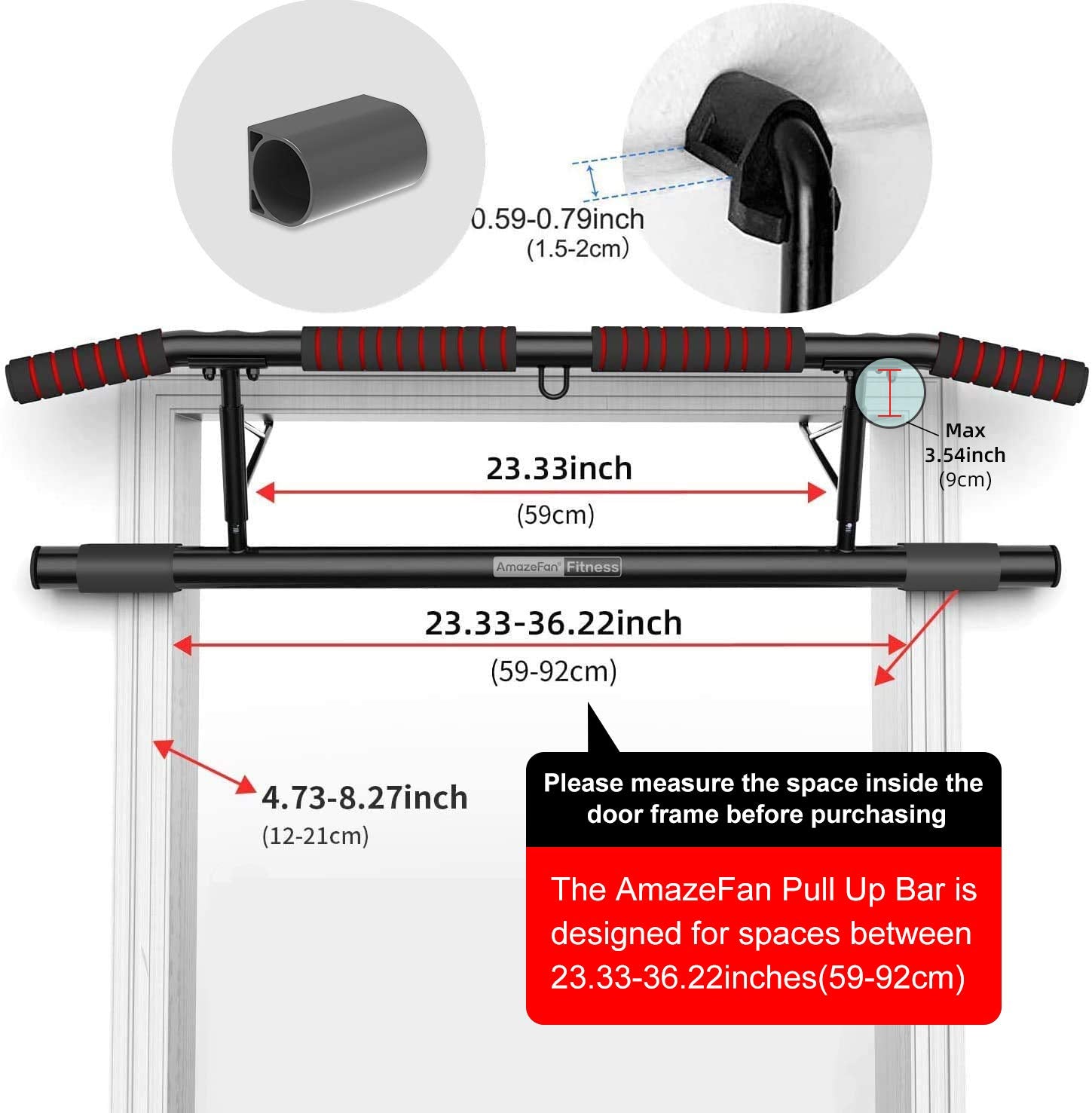 Amazefan Pull Up Bar Doorway With Ergonomic Grip - Fitness Chin-Up Frame For Home Gym Exercise - 2 Professional Quality Wrist St