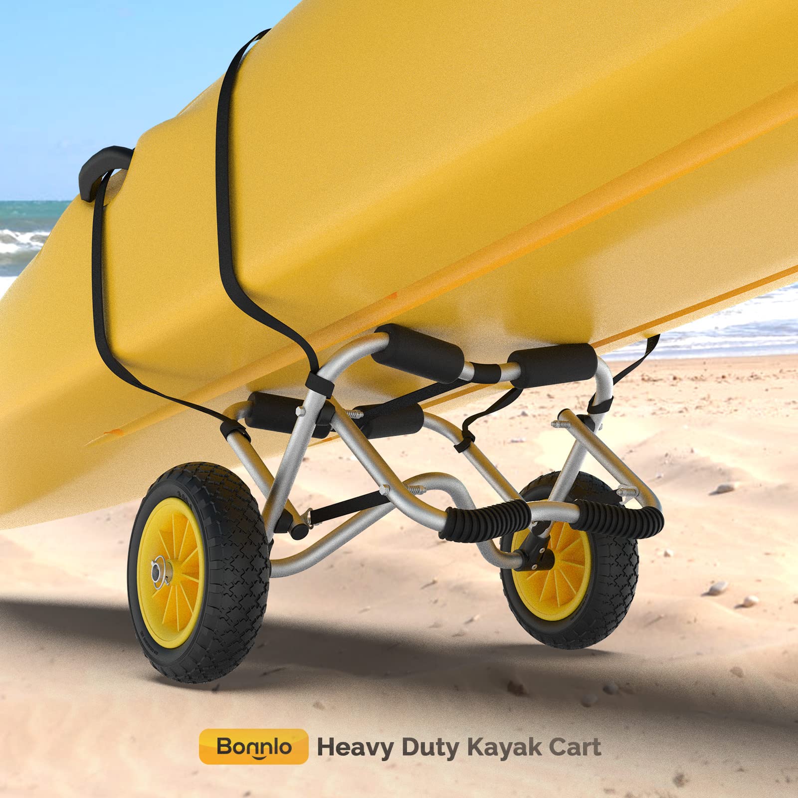 Bonnlo Universal Kayak Carrier - Trolley For Carrying Kayaks, Canoes, Paddleboards, Float Mats, And Jon Boats - Inflation-Free S