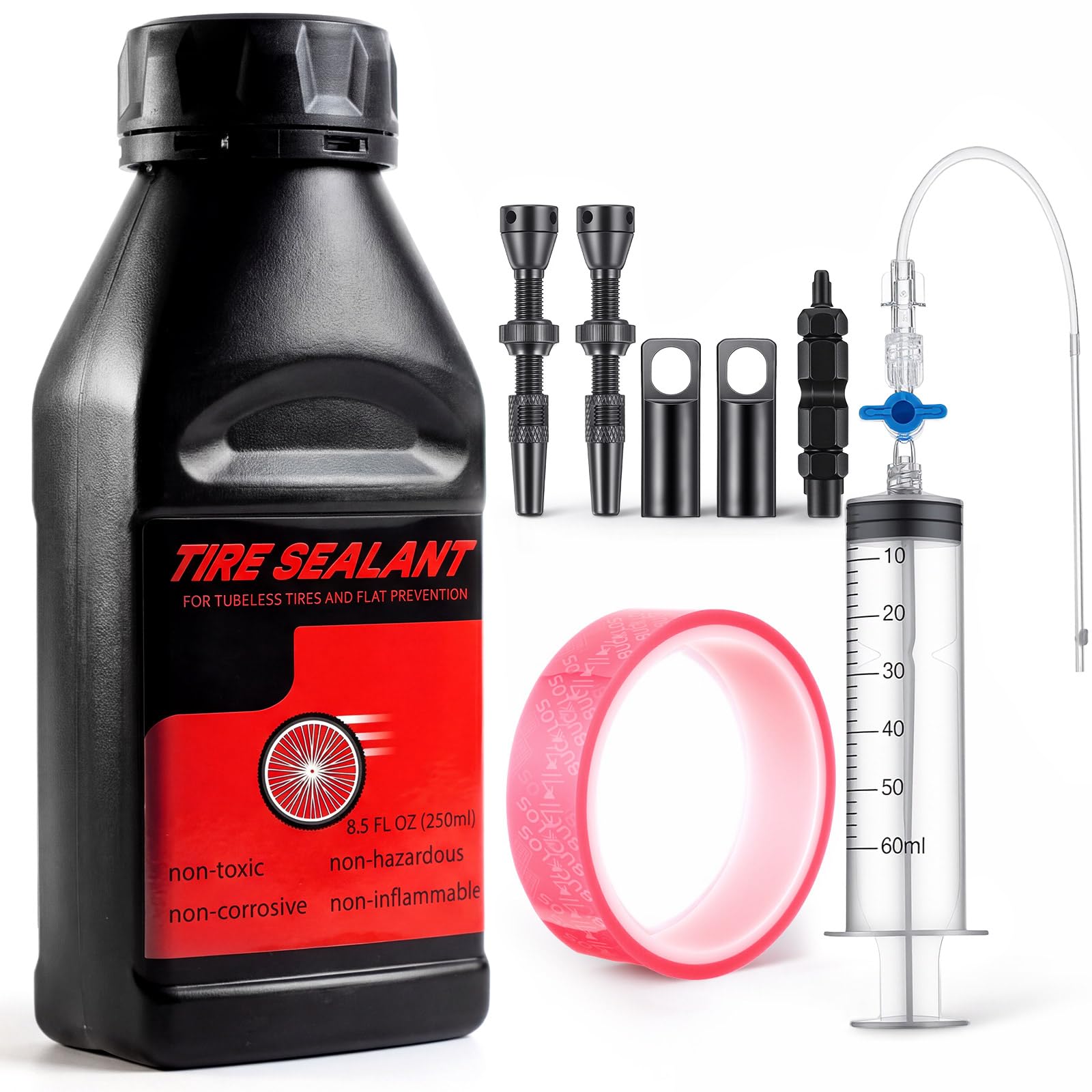 Threlaco Tubeless Tire Sealant Conversion Kit 250ml Tubeless Sealant with Rim Tape, Valve Stems and Injector Kit, Complete Conve
