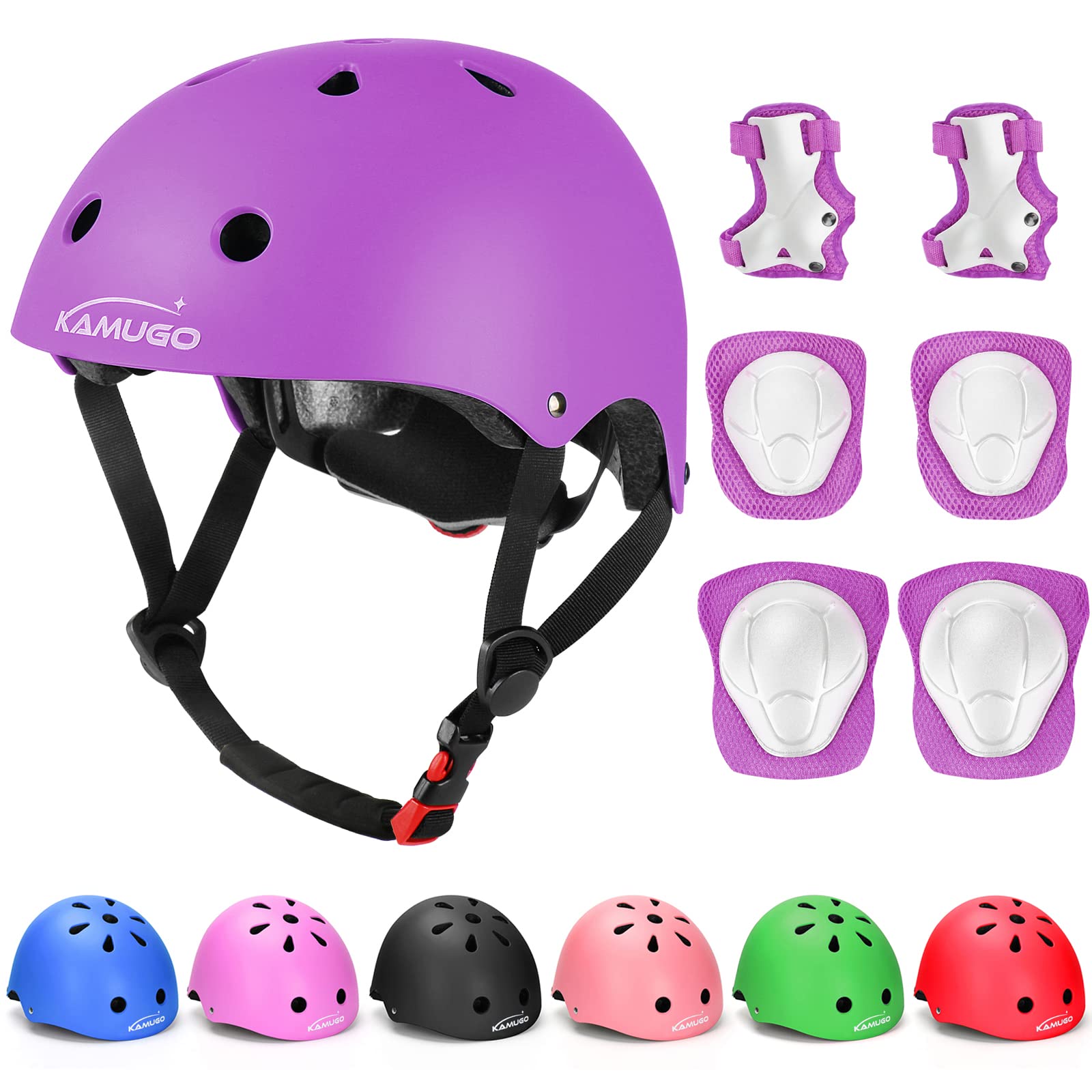 Kamugo Kids Adjustable Helmet, With Sports Protective Gear Set Knee Elbow Wrist Pads For Toddler Age 3-8 Boys Girls, Bike Skateb