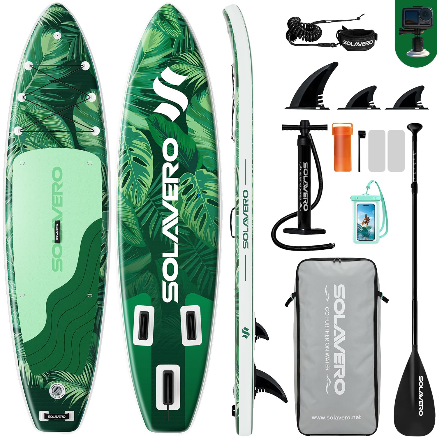 SOLAVERO 11  Inflatable Stand Up Paddle Board, Blow Up Paddle Board with SUP Accessories Suitable for Sea and Lakes, 2+1Family 