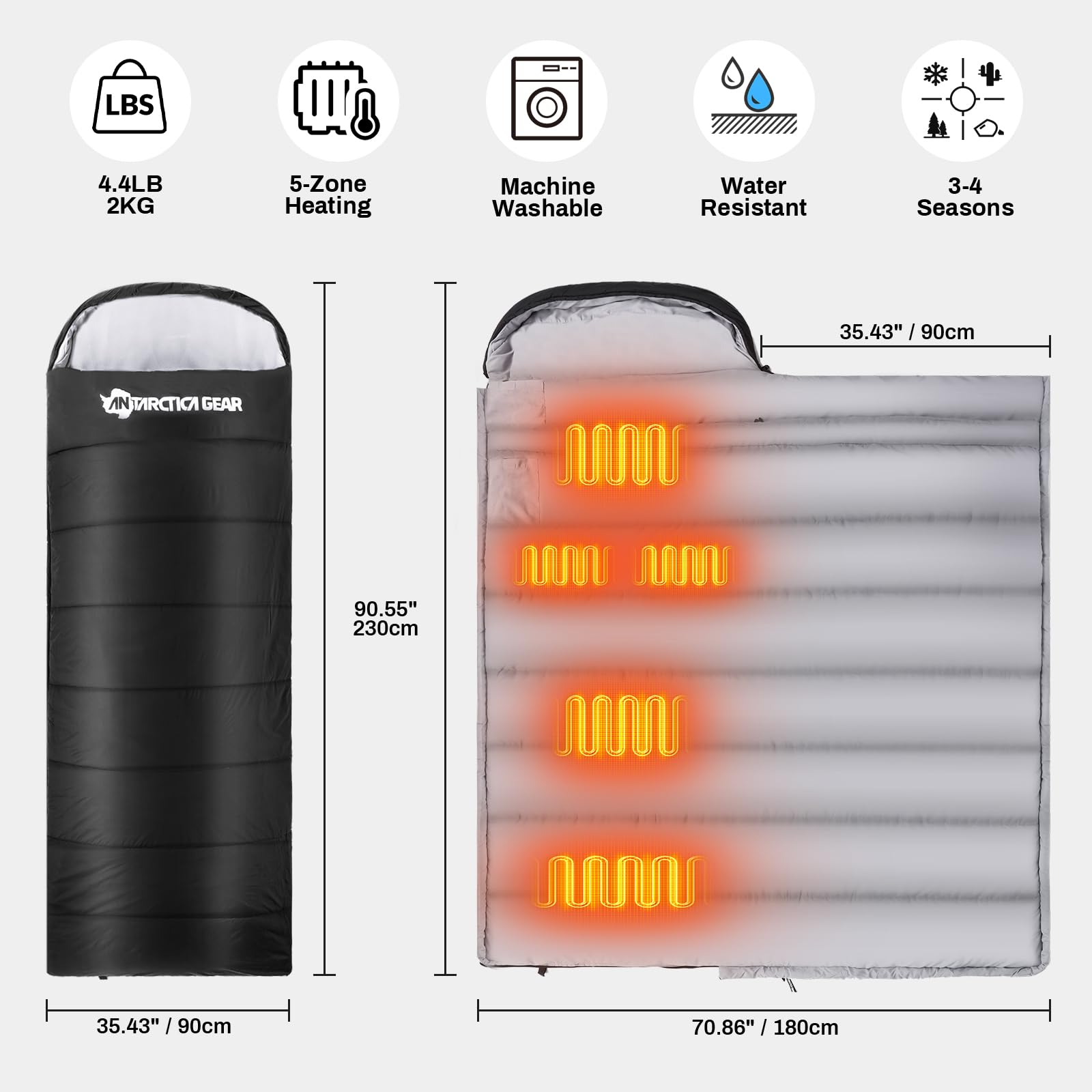 Antarctica Gear Heated Sleeping Bag, 5Pcs Heating Areas Sleeping Bags With 16000Mah 12V Battery Pack, 3 Adjustable Heating Level