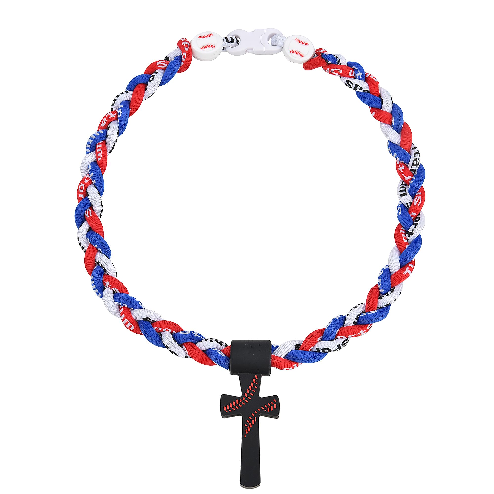 Kehuify Baseball Rope Tornado Cross Necklace - Three-Braid Titanium Sports Necklace for Boys (Red, White, Blue)