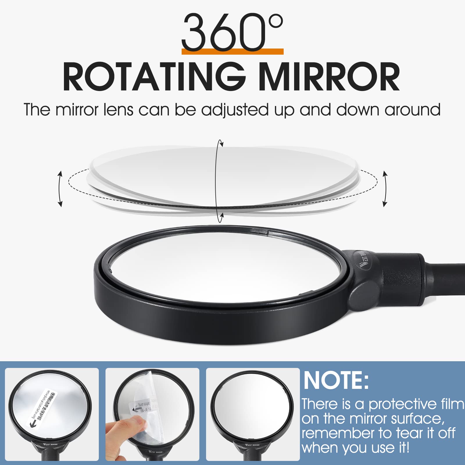 West Biking Bike Mirror Handlebar Mount, Adjustable Rotatable Bicycle Rear View Mirror, Wide Angle Acrylic Convex Safety Mirror