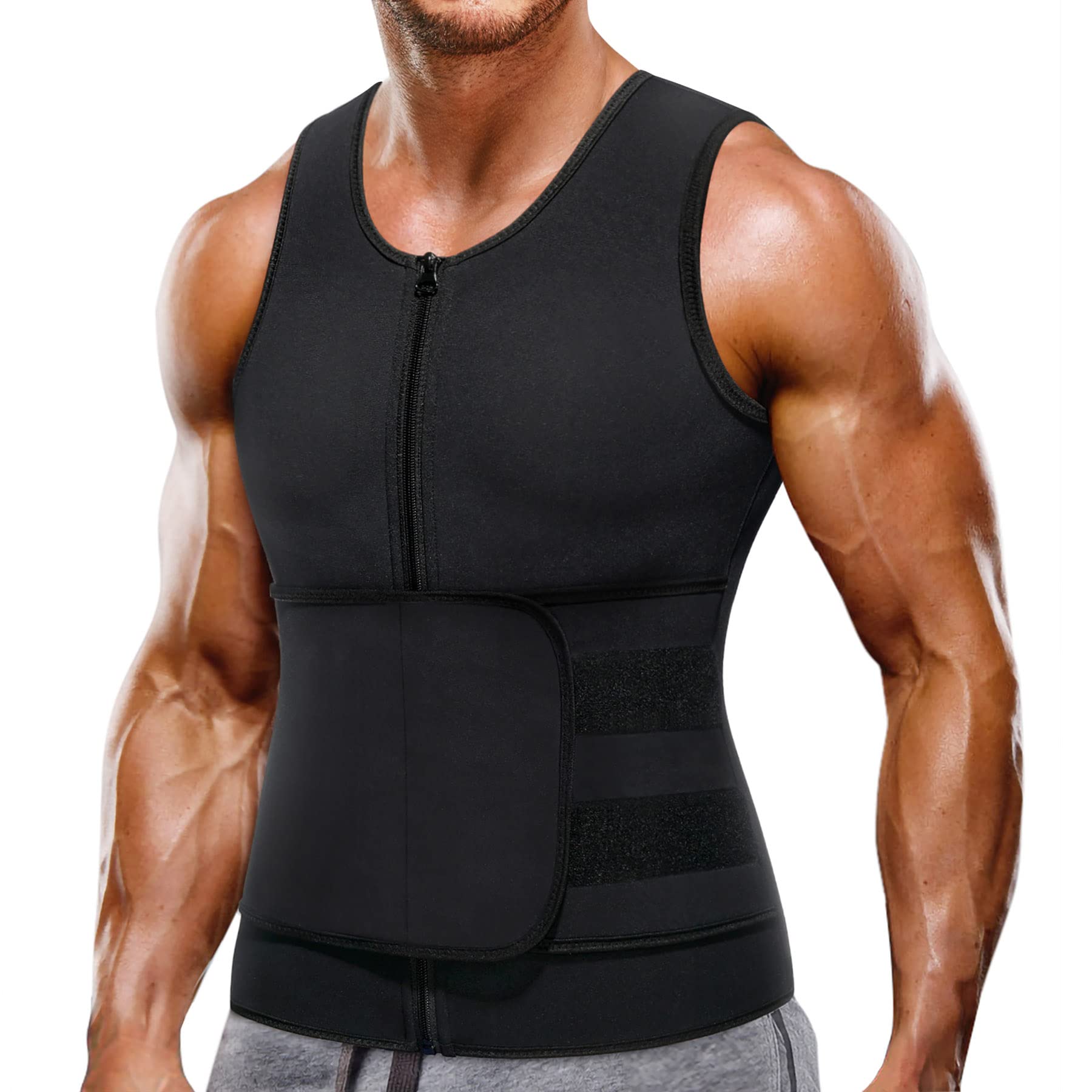 Wonderience Neoprene Sauna Suit For Men Waist Trainer Vest Zipper Body Shaper With Adjustable Belt Tank Top (Black, Large)