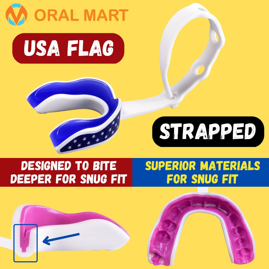 Oral Mart Usa Flag Strapped Youth Mouth Guard For Kids - American Flag Sports Mouthguard With Strap For Ice Hockey, Football, La