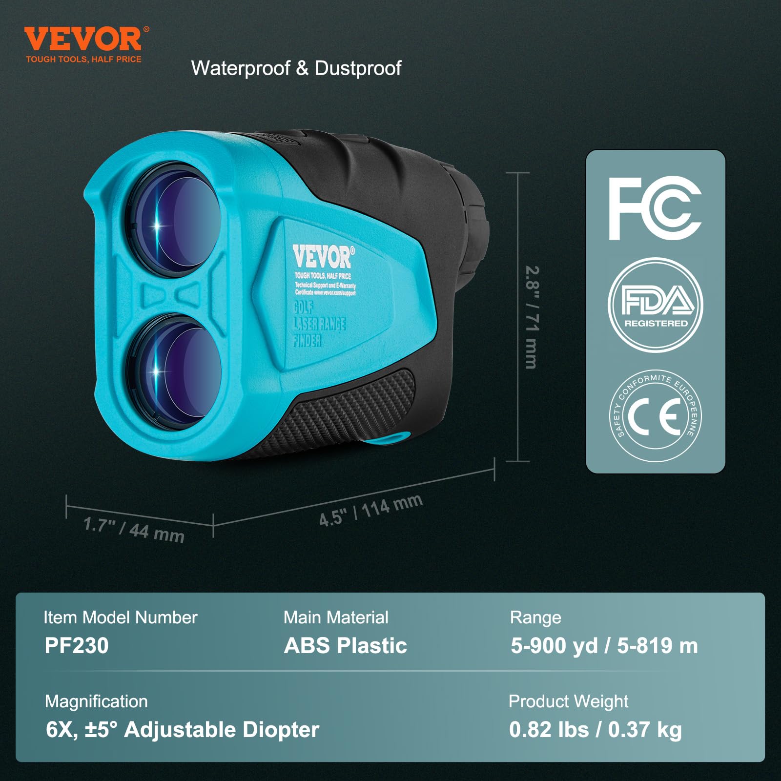 Vevor Golf Rangefinder, 900 Yards Laser Golfing Hunting Range Finder, 6X Magnification Distance Measuring, Golfing Accessory Wit