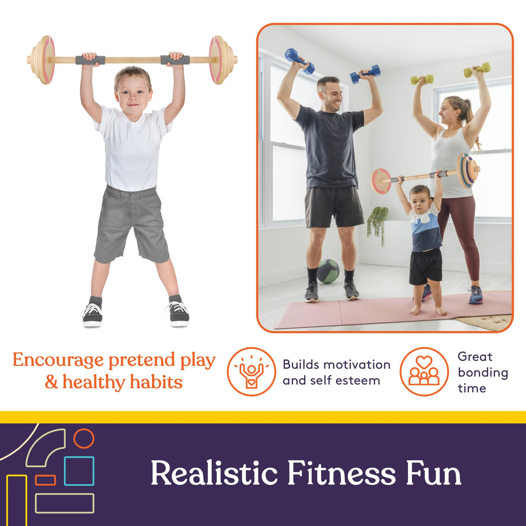 Special Supplies Kids Wooden Play Workout Weights - Adjustable Barbell Weight For Home Gym Equipment, Perfect Exercise Workout S