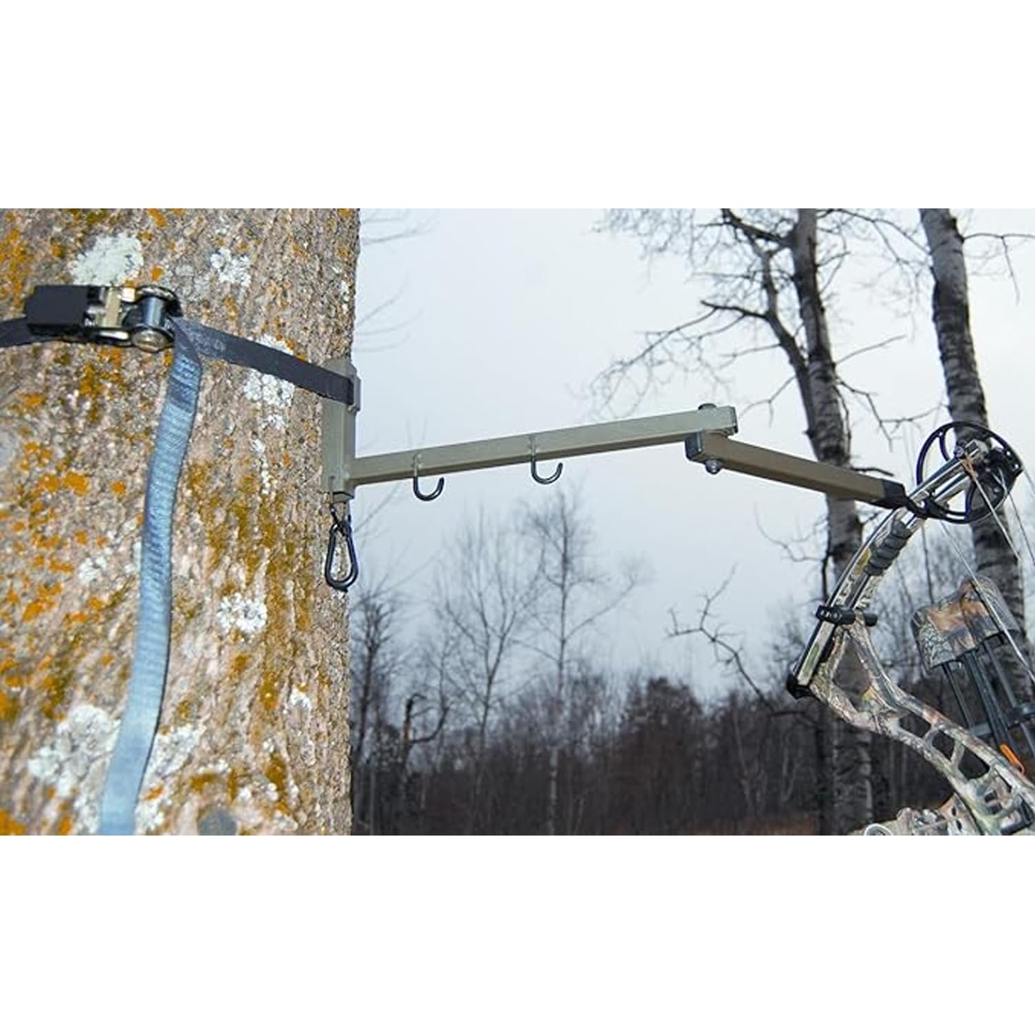 Hme Durable Easy-To-Attach Secure Better Tree Stand Bow Hanger Strap-On W/Two Accessory Hooks & Heavy-Duty Ratchet Strap - Exten