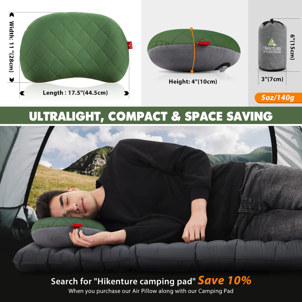Hikenture Camping Pillow Inflatable, Washable Backpacking Pillow For Sleeping, Ultralight Blow Up Pillows With Removable Cover,