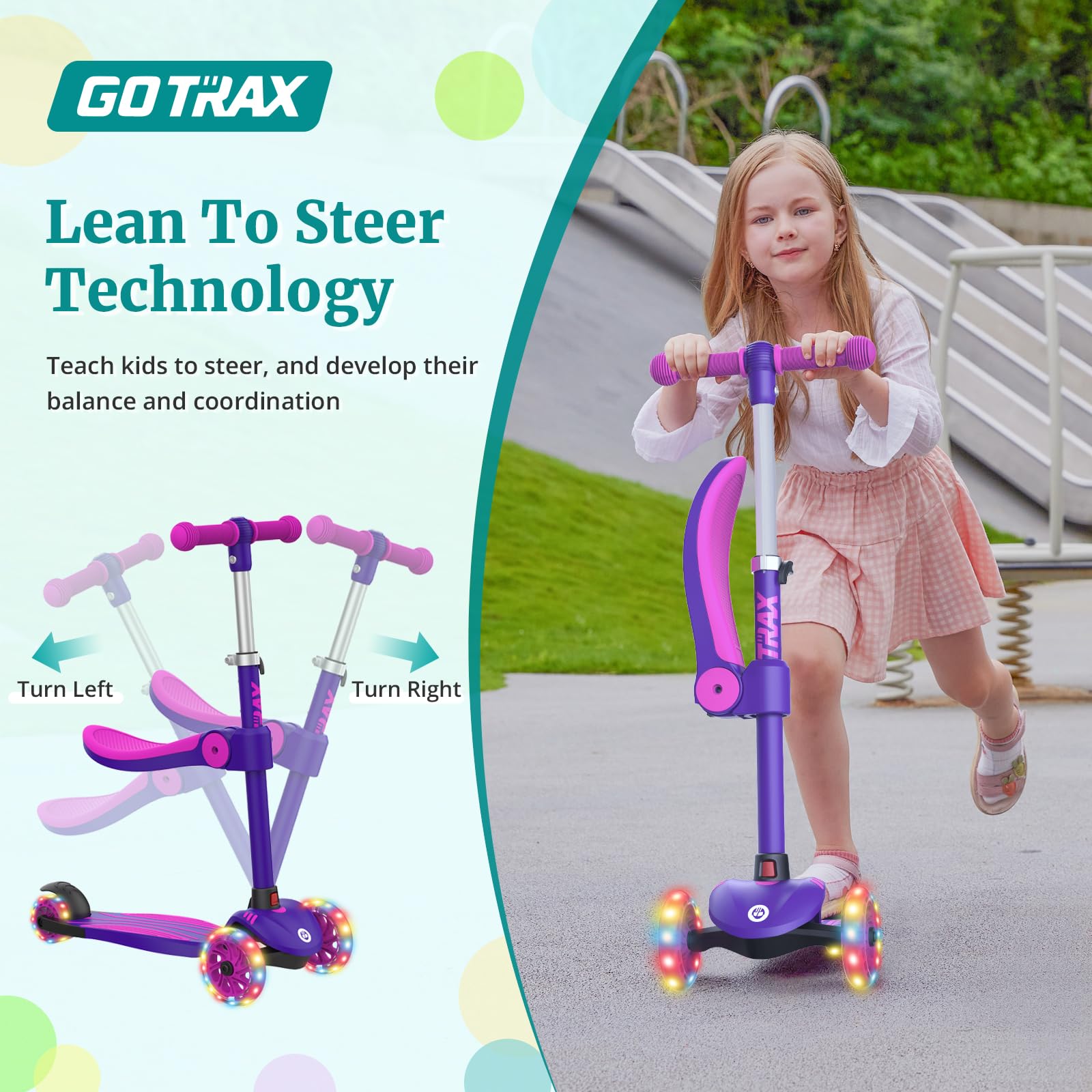 Gotrax KS3 Kids Kick Scooter, LED Lighted Wheels, Adjustable Handlebars and Removable Seat, Lean-to-Steer & Widen Anti-Slip Deck