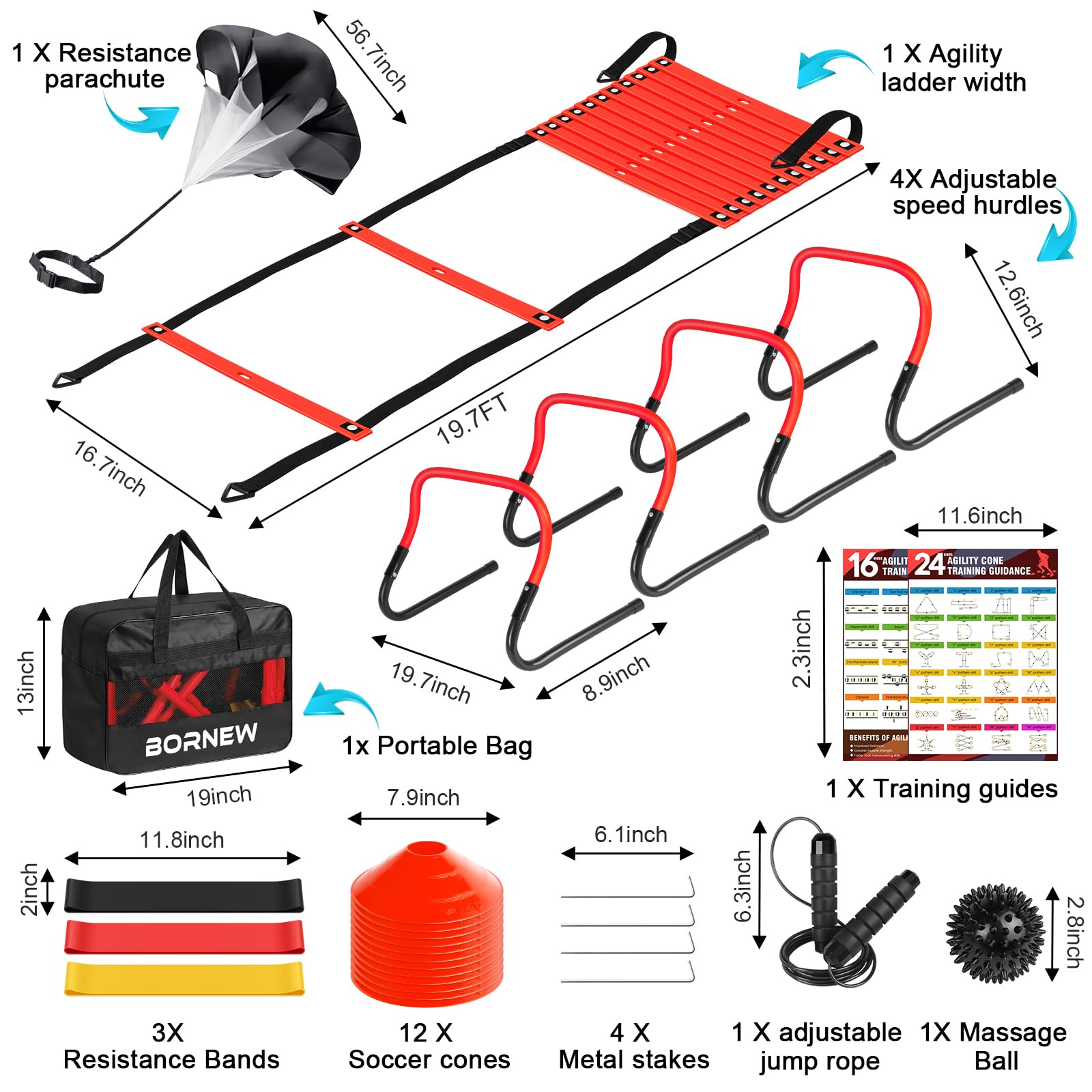 Agility Speed Training Equipment Set - 20Ft Speed Ladder, 12 Cones, 4 Adjustable Hurdles, Jump Rope, Parachute, 3 Resistance Ban