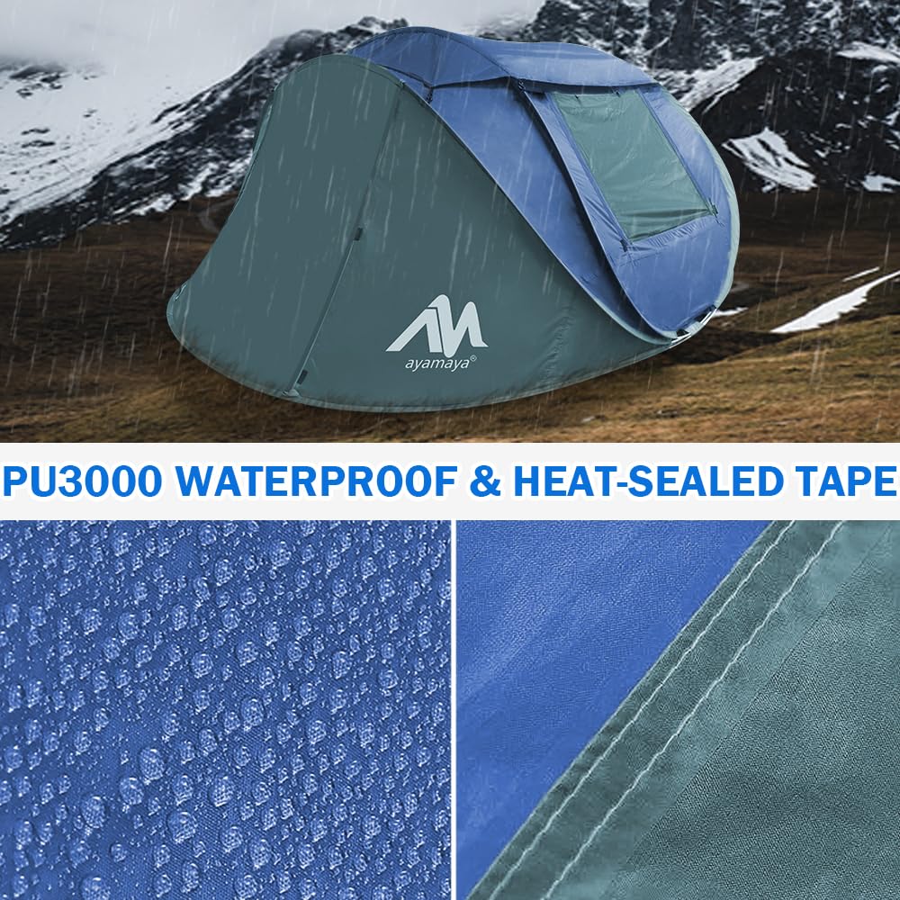 4 Person Pop Up Tents For Camping - Ayamaya Waterproof Instant Family Tents With Skylight & Removable Rainfly, Upgraded Large Si