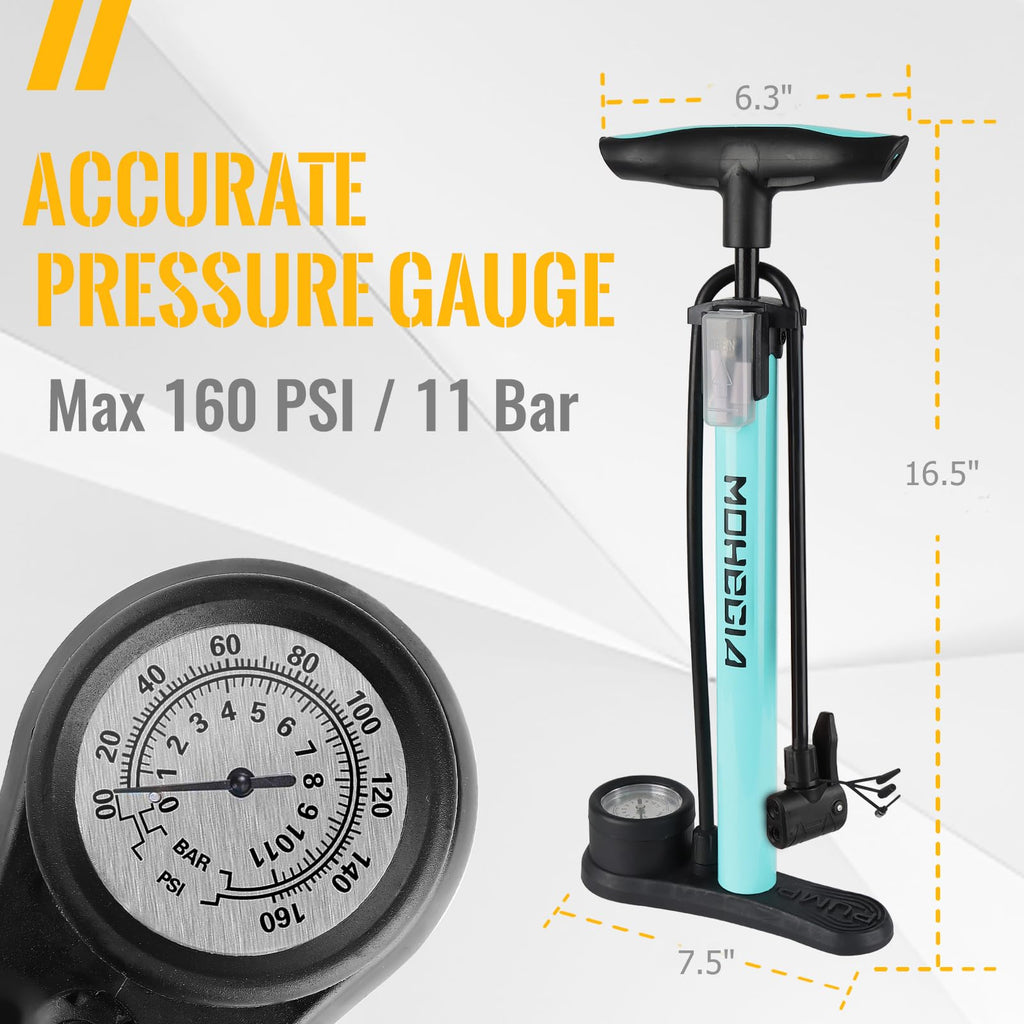 Mohegia Bike Floor Pump With Gauge,Air Bicycle Pump Inflator With High Pressure 160 Psi,Fits Schrader And Presta Valve/Blue