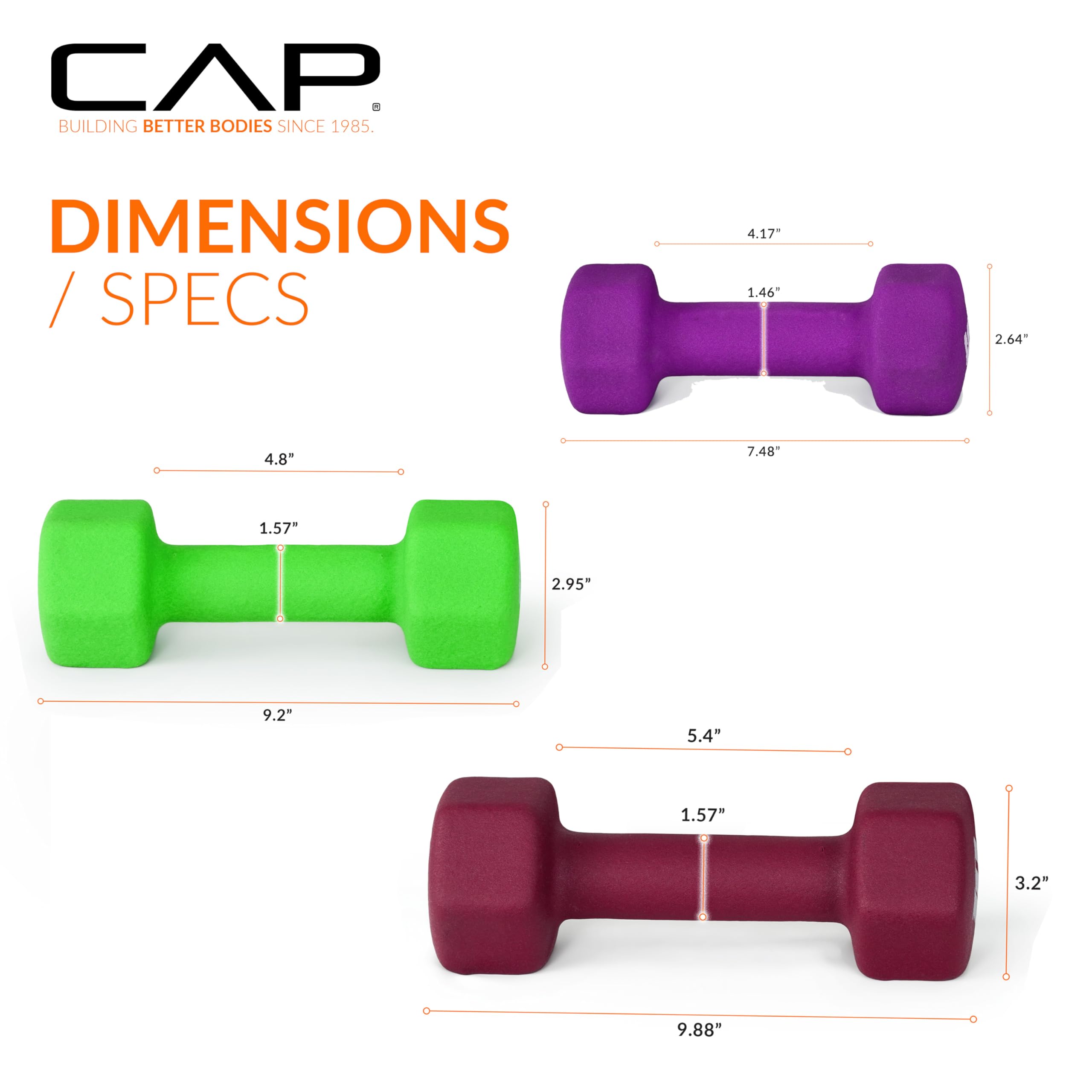 CAP Barbell 100 LB Set of Neoprene Dumbbells with Rack Color Series | 5, 8, 10, 12 and 15 LB pairs