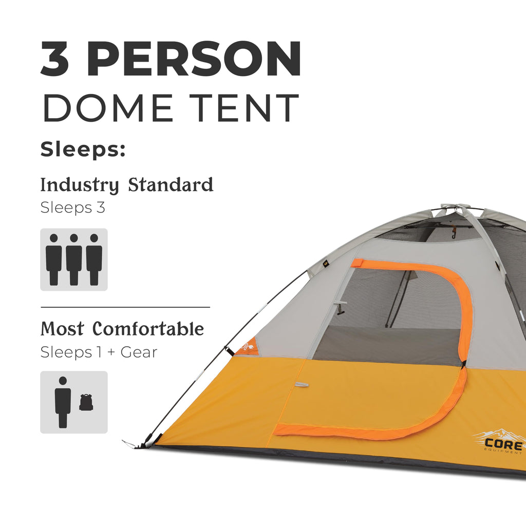 Core Tent 3 Person For Outdoor Family, Hiking, And Backpacking | Portable Dome Camp Tent With Storage Pockets For Camping Access