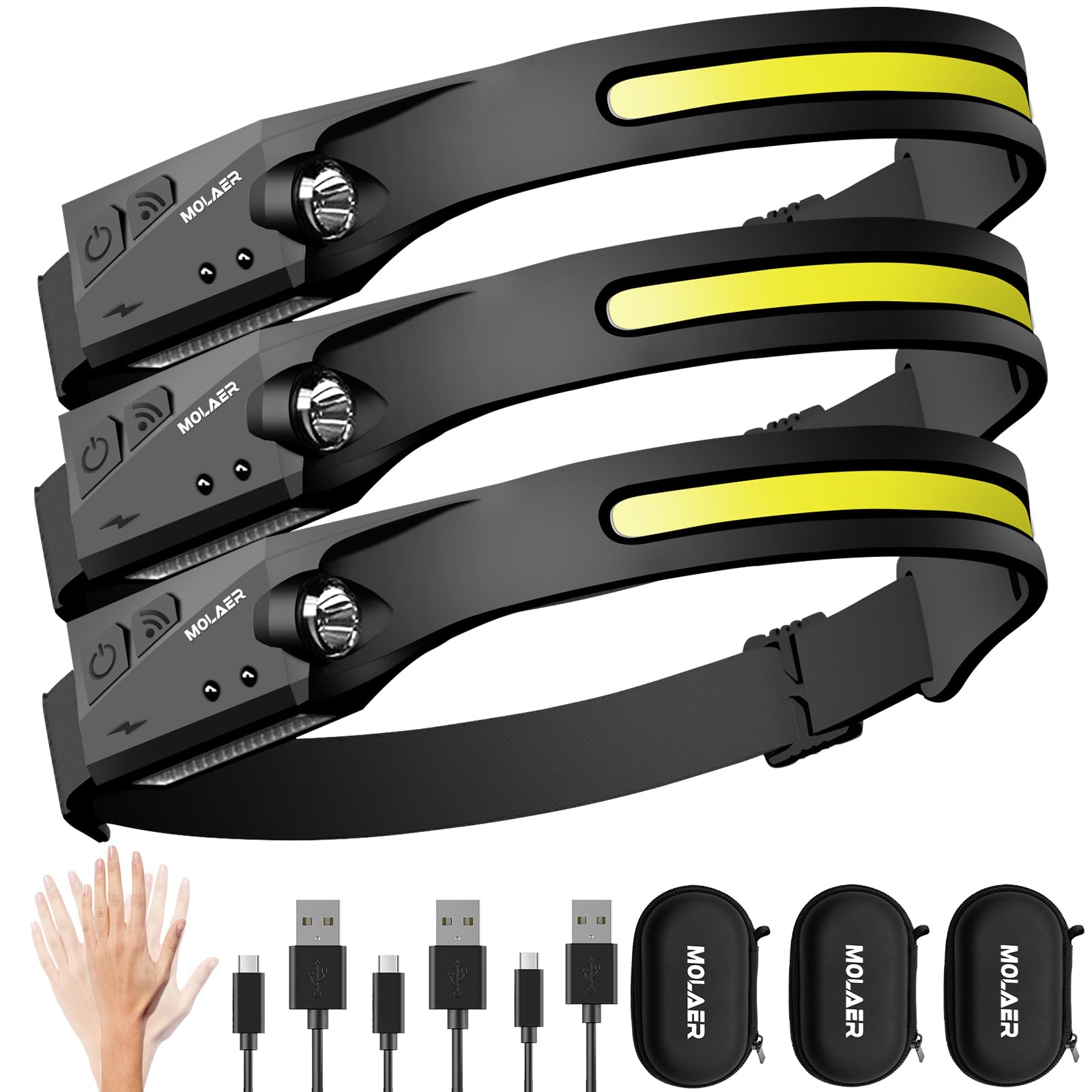 Headlamp Rechargeable, 230 Wide Beam Head Lamp, Motion Sensor LED Head lamp, 5 Modes Headlamps for Adults, Bright Head Lights fo