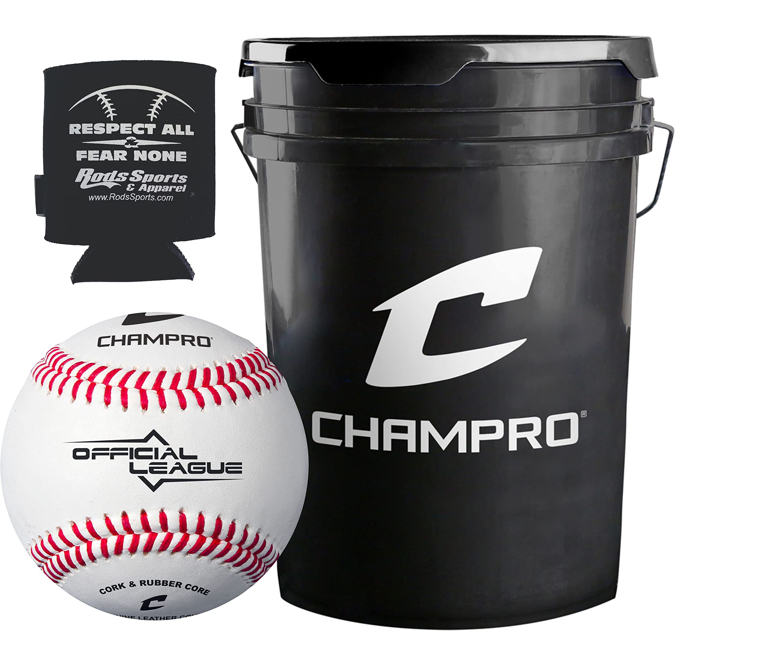 Champro CBB-40 Genuine Leather Cover Baseballs in a Black Champro Bucket - 30 Balls and one Rods Can Sleeve Included.