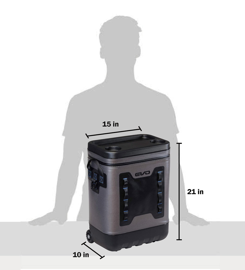 Evolution Outdoor Evo Leak Proof Rolling Cooler 25 Quart, 16X 12X 22In. Insulated Cooler Bag With Abs Molded Top, 8 Accessory Lo