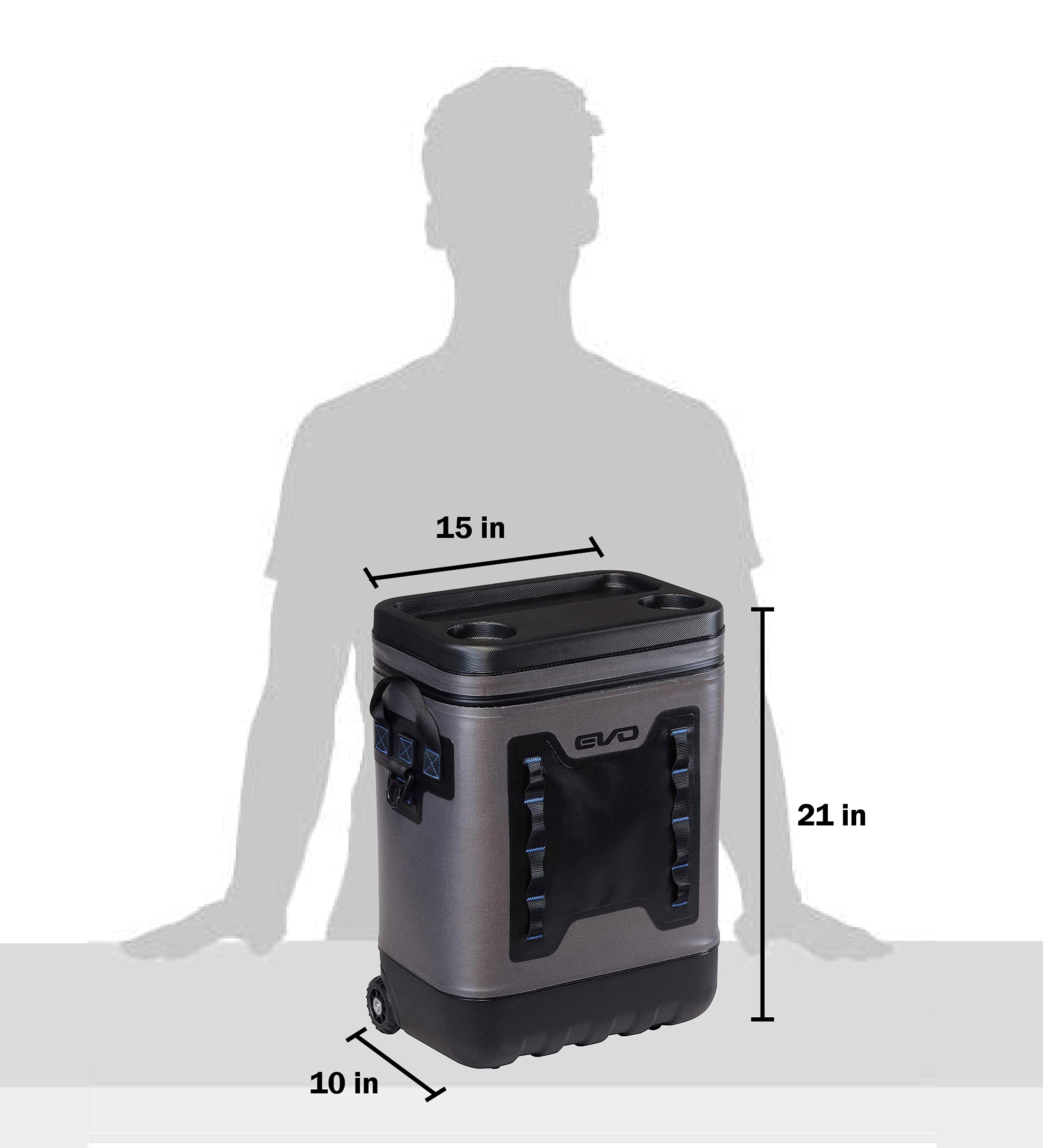 Evolution Outdoor Evo Leak Proof Rolling Cooler 25 Quart, 16X 12X 22In. Insulated Cooler Bag With Abs Molded Top, 8 Accessory Lo