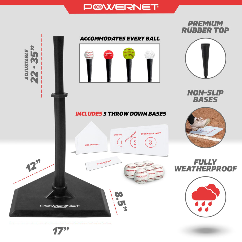 Powernet Baseball T-Ball Coaching Bundle 8 Piece Tee-Ball Set Includes 6 Soft Core Baseballs, Adjustable Tee, 5 Throw Down Bases