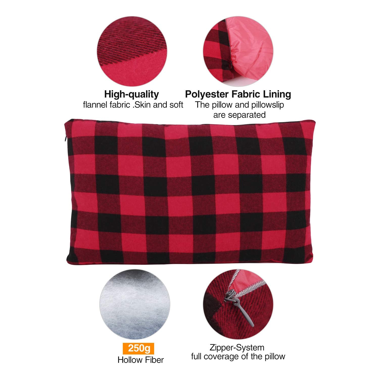 Redcamp Small Camping Pillow Lightweight And Compressible, 1Pc Flannel Travel Pillow With Removable Pillow Cover (Red And Black