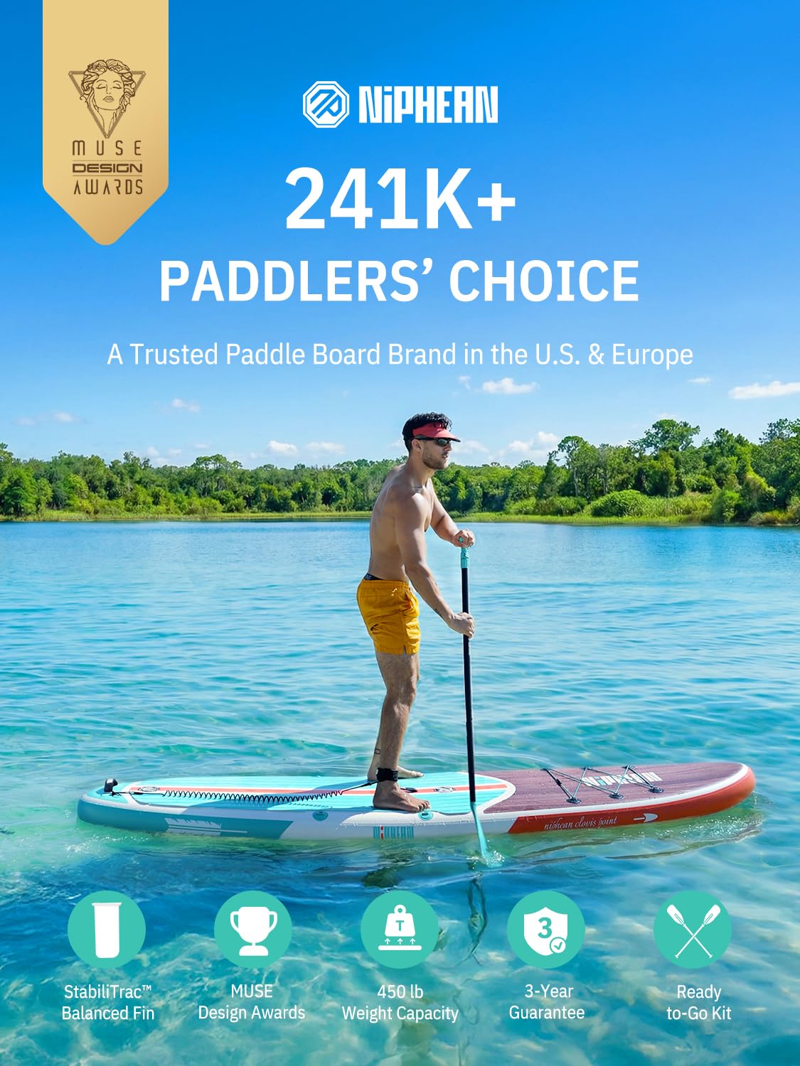 Niphean Paddle Board with Seat, 106 Paddleboard Inflatable Paddle Board with Seat Anti-Slip EVA Deck and StabilTrac Fin, Inflata