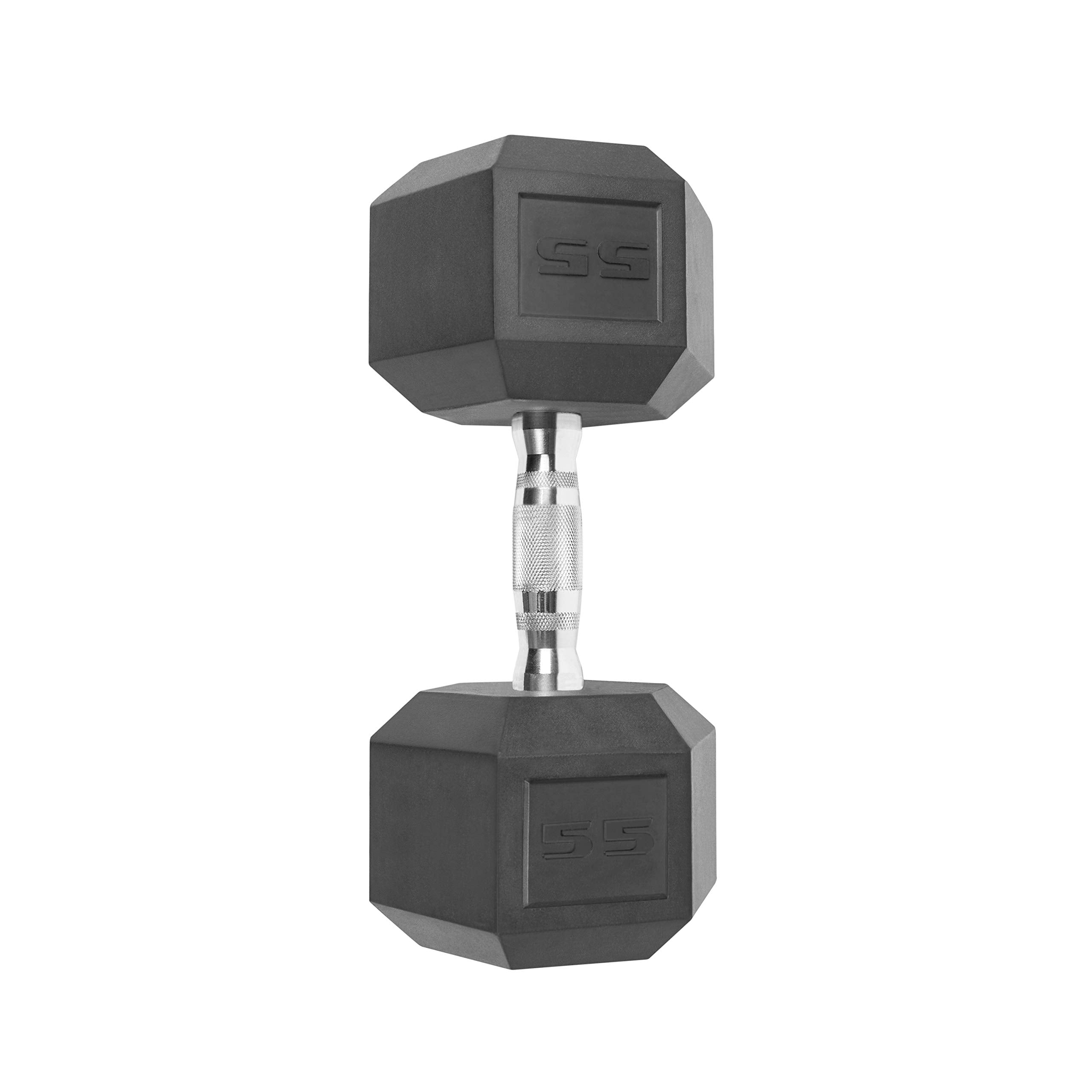 CAP Barbell 55 LB Rubber Coated Hex Dumbbell Hand Weight - Single | Chrome Handle