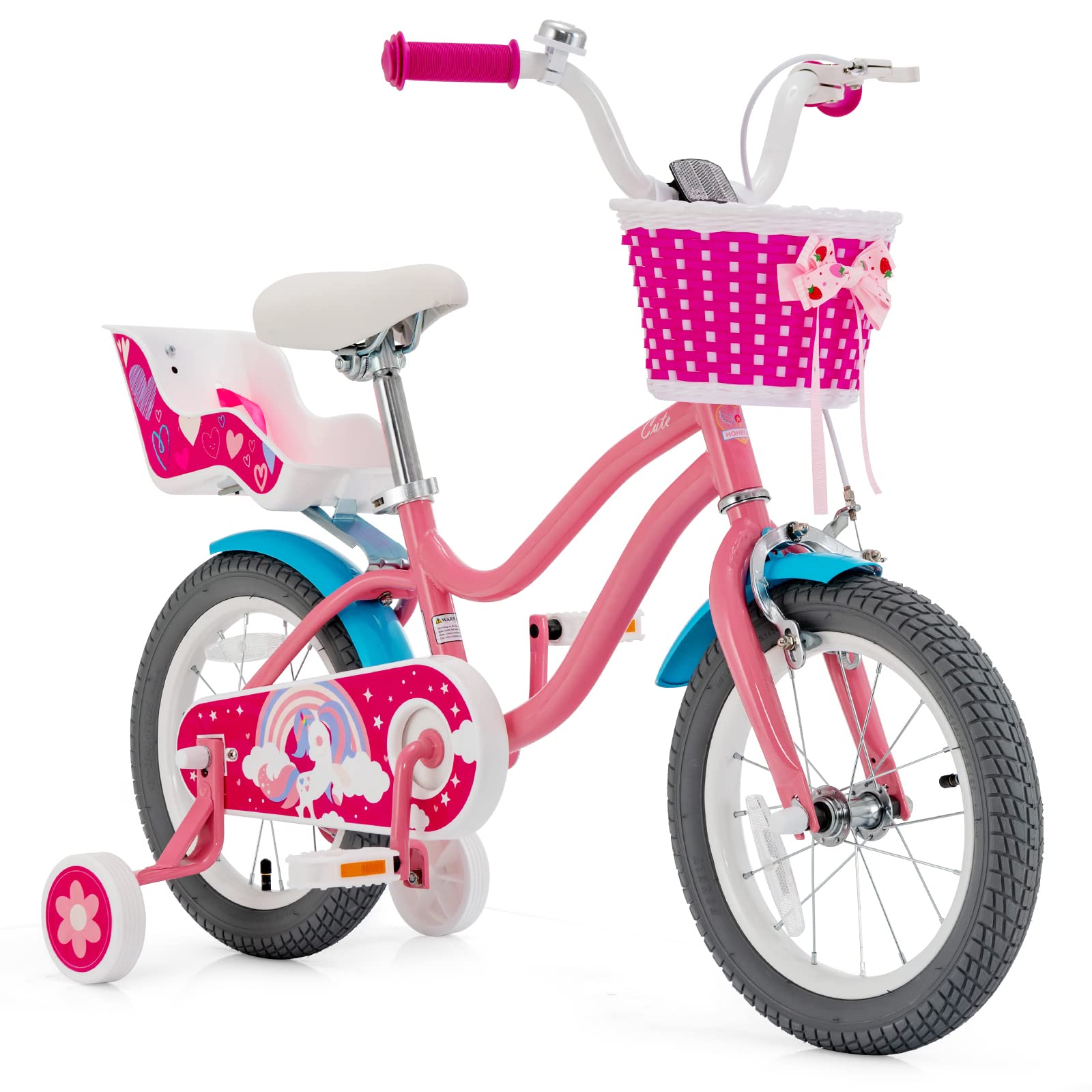 Baby Joy Kids Bike, 14 Inch Kids Bicycle W/Training Wheels, Adjustable Seat Handlebar Height, Storage Basket, Doll Seat, Handbra