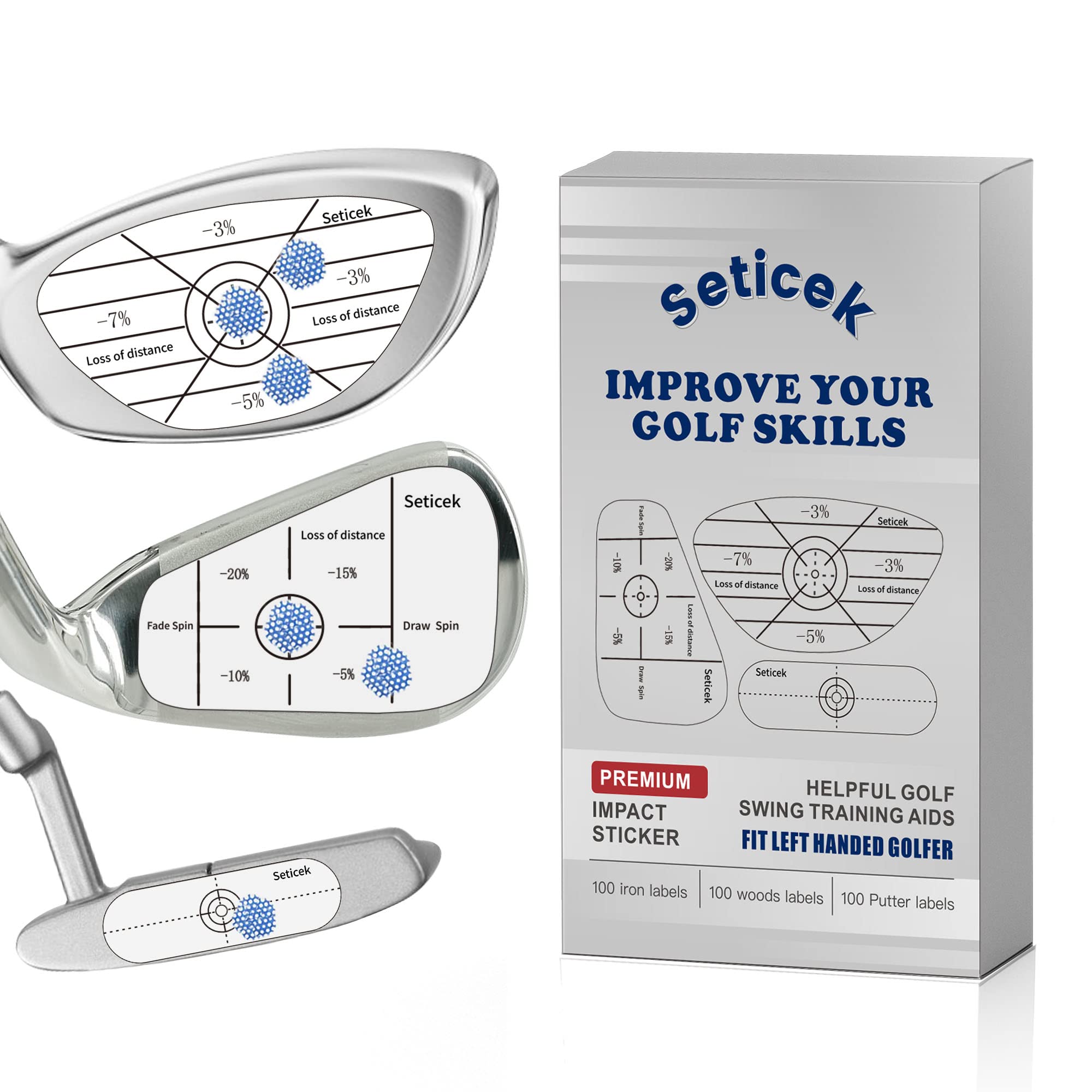 Seticek 300Pcs Left Handed Golf Impact Tape Set, Self-Teaching Sweet Spot And Consistency Analysis, Golf Club Impact Stickers Fo