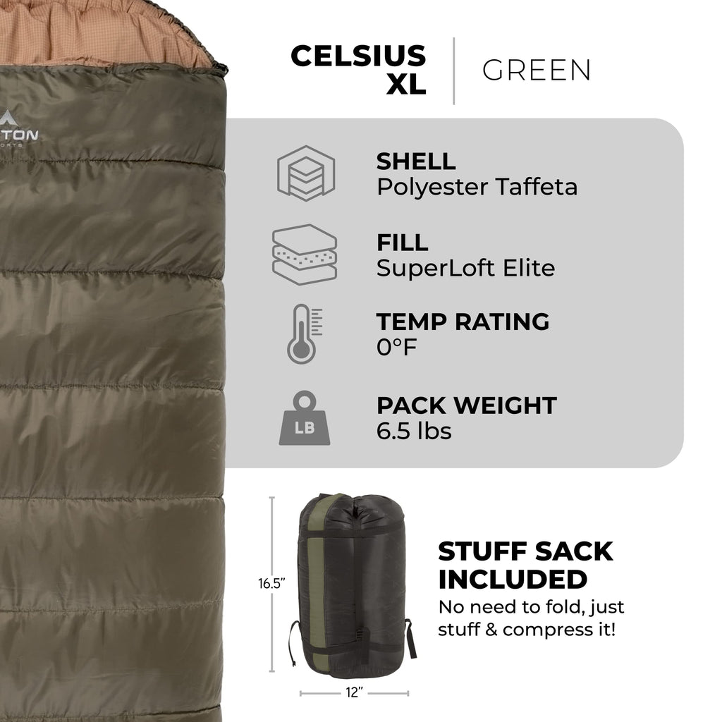Teton Sports Celsius Xl 0F Sleeping Bag; Great For Family Camping; Free Compression Sack , Green, 90-Inchx 36-Inch, Right Zip