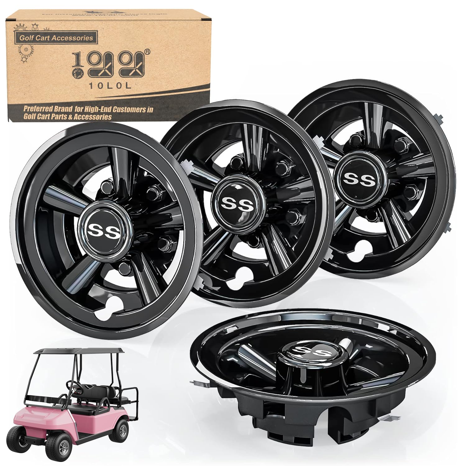 10L0L Golf Cart Wheel Covers Hub Caps For Ezgo, Club Car, Yamaha - 8 Inch Snap-On Installation, Black, Set Of 4