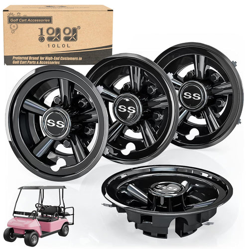 10L0L Golf Cart Wheel Covers Hub Caps For Ezgo, Club Car, Yamaha - 8 Inch Snap-On Installation, Black, Set Of 4