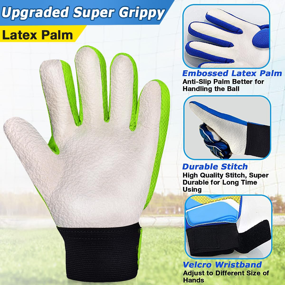 Jalunth Kids Youth Soccer Goalkeeper Goalie Gloves Boys Girls Goal Keeper Field Player Glove Ages 9-10 Years Old Green White Ant