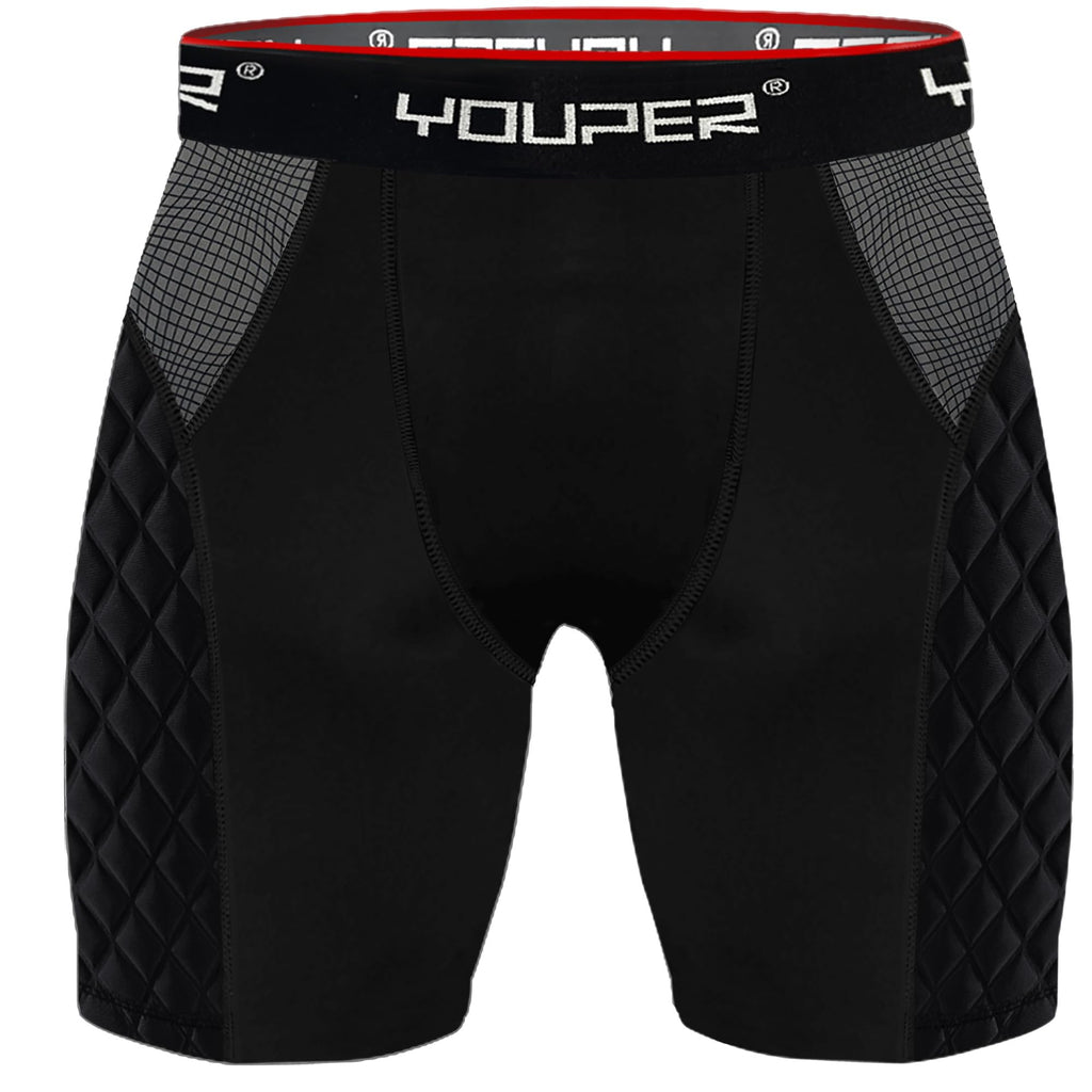 Youper Youth Elite Compression Padded Sliding Shorts W/Cup Pocket For Baseball, Football (Black, Large)