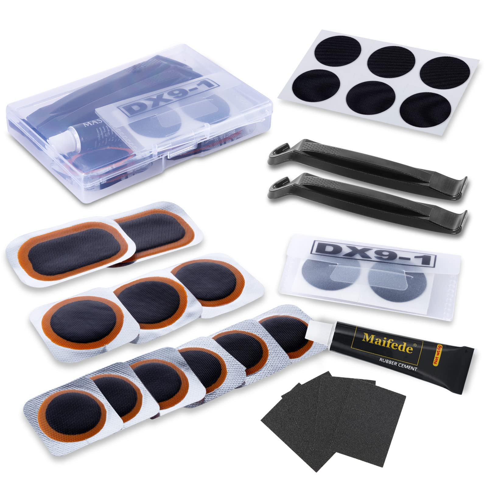 Bike Inner Tire Patch Repair Kit - With 11 Pcs Vulcanizing Patches, 6 Pcs Pre Glued Patchs, Portable Storage Box, Metal Rasp And
