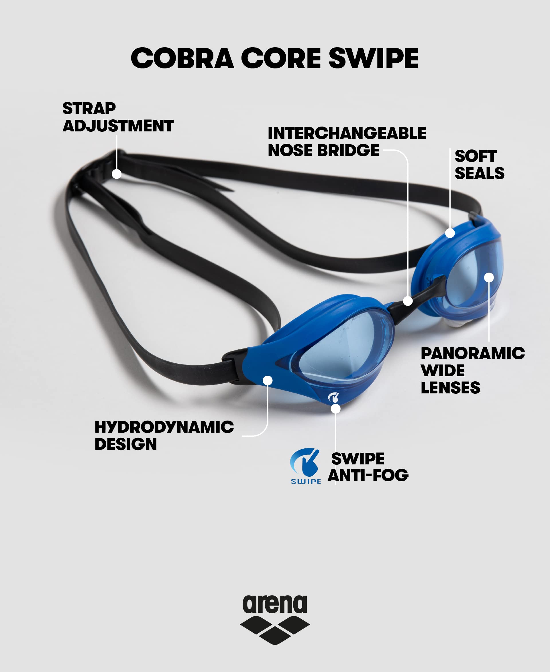 Arena Unisex Cobra Core Swipe Anti-Fog Racing Swim Goggles For Men And Women Polycarbonate Non-Mirror Lens, Smoke/Red